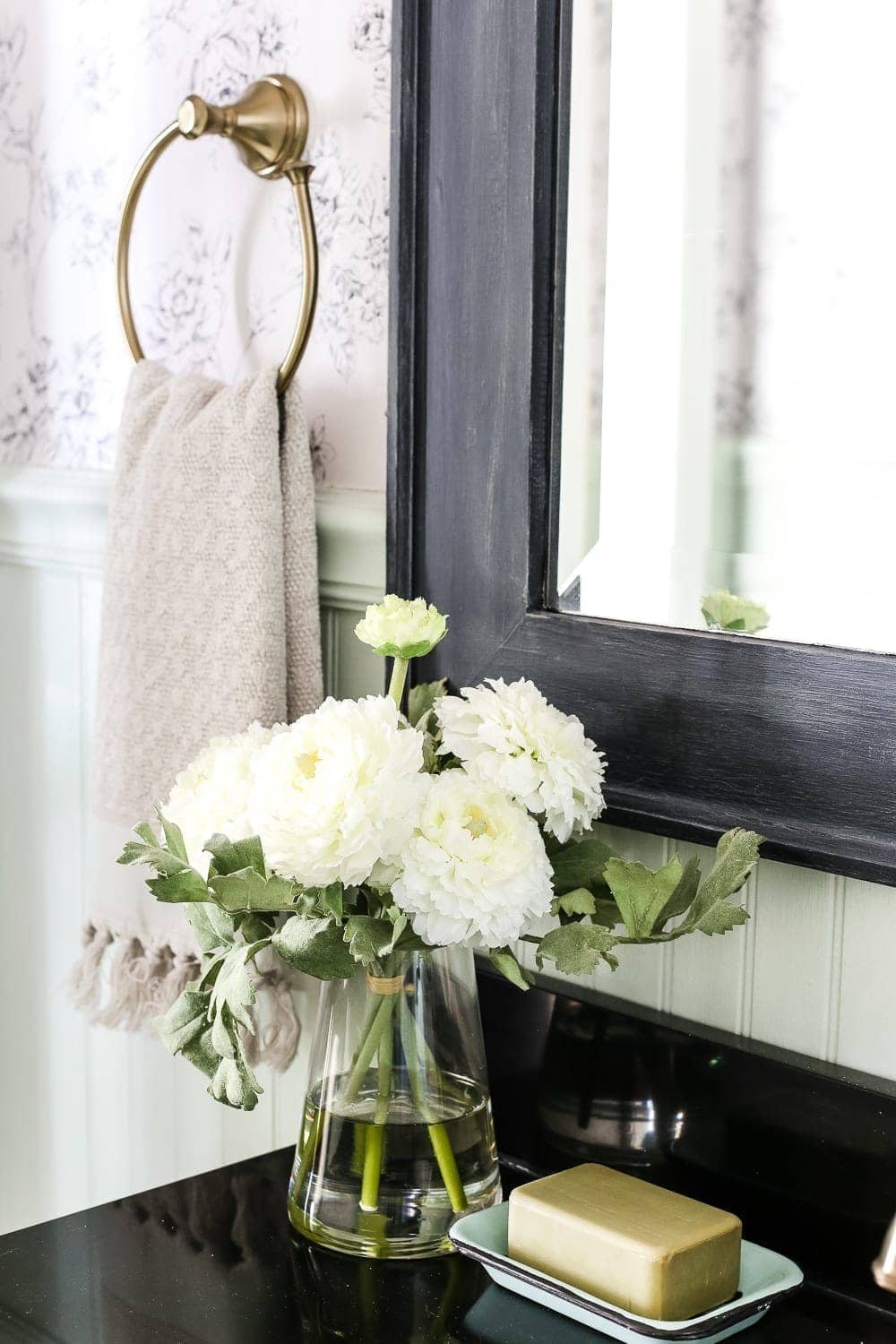 Aqua Meets Urban Powder Room Reveal | unigumushane.com - A dated powder room gets a modern meets traditional, urban meets farmhouse makeover with aquas, black and white, and antique brass.