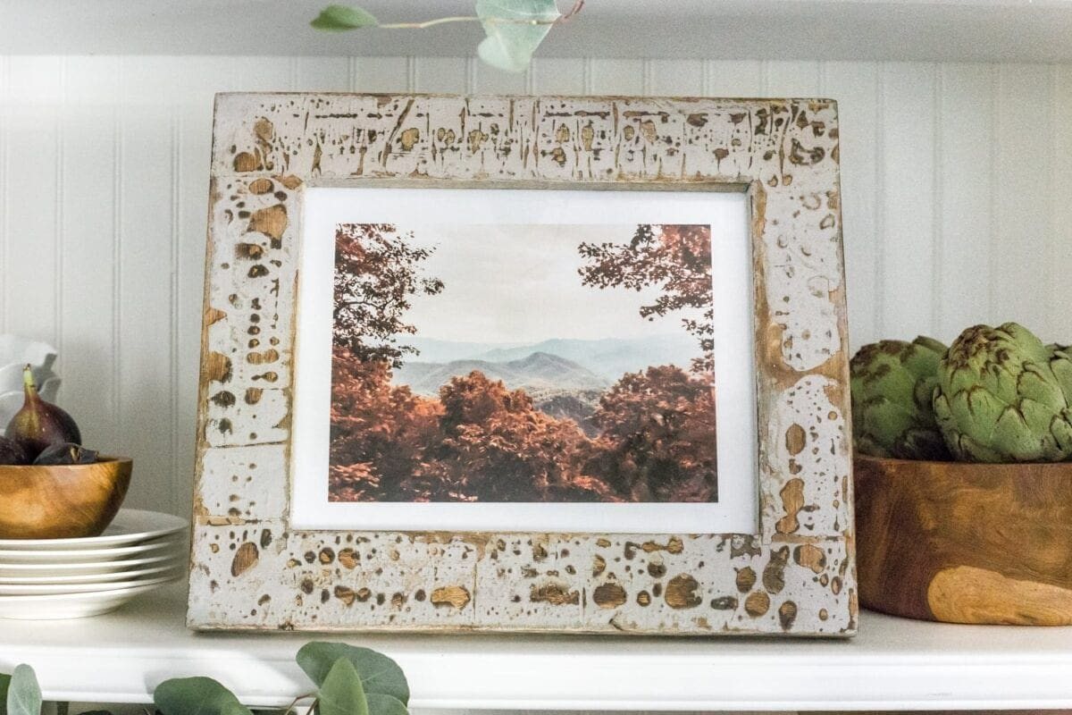 Autumn mountain landscape art printable and fall kitchen shelf vignette + more free fall printables