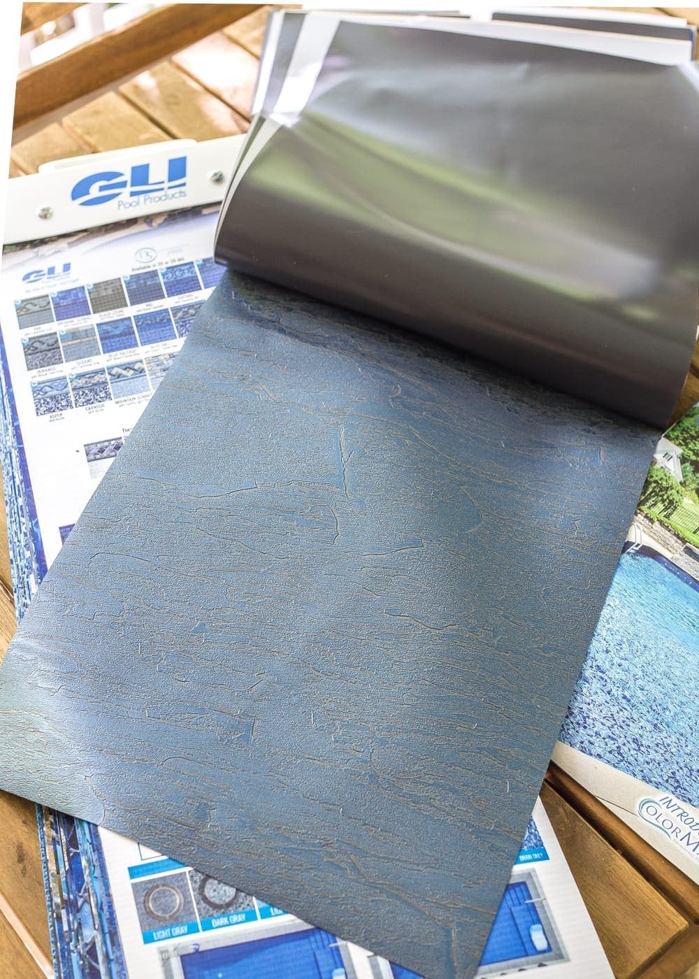 Backyard Before Tour and Pool Makeover Plans | unigumushane.com - GLI Pool Products Blue Slate Vinyl Liner