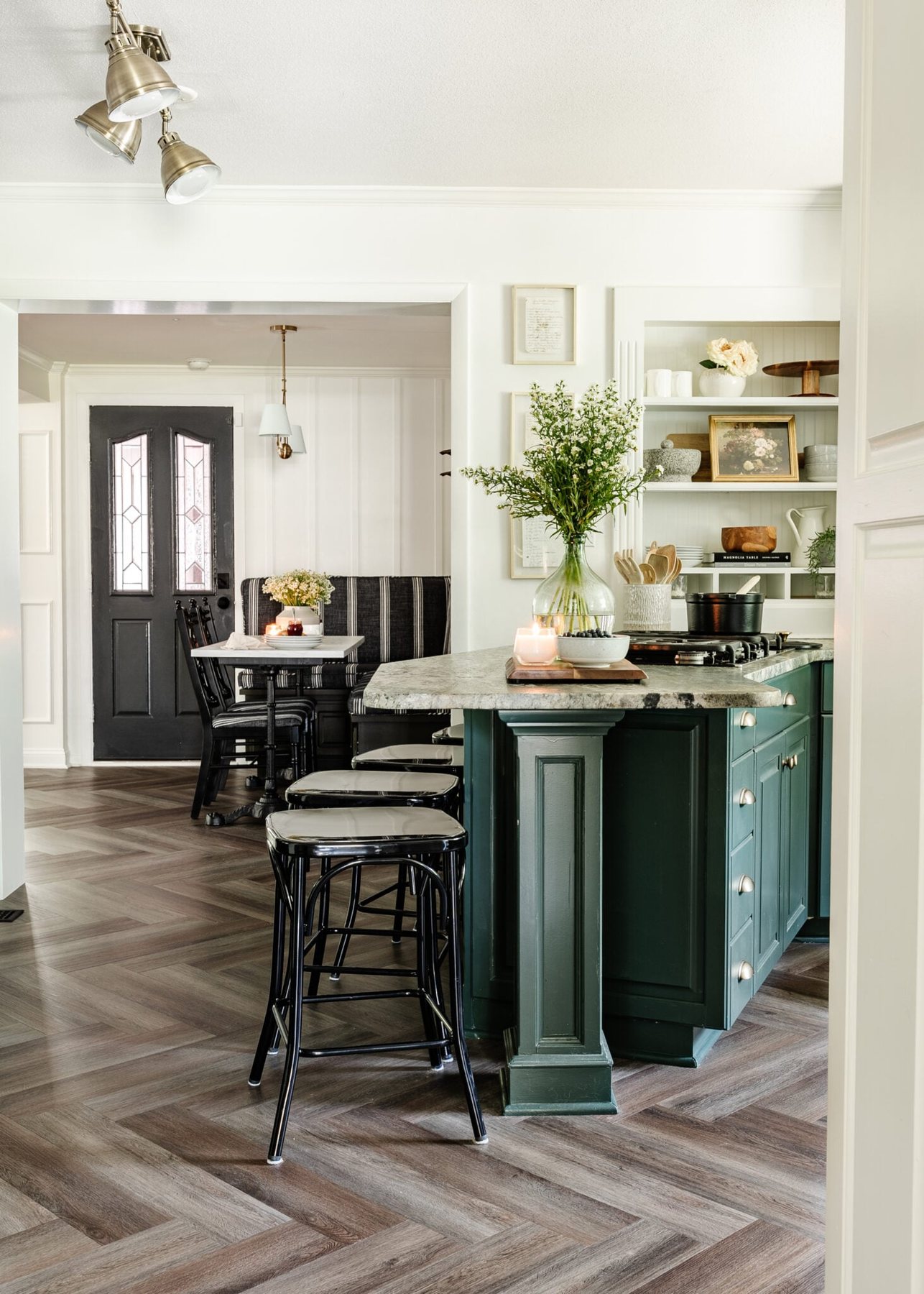 kitchen peninsula looking into breakfast nook
