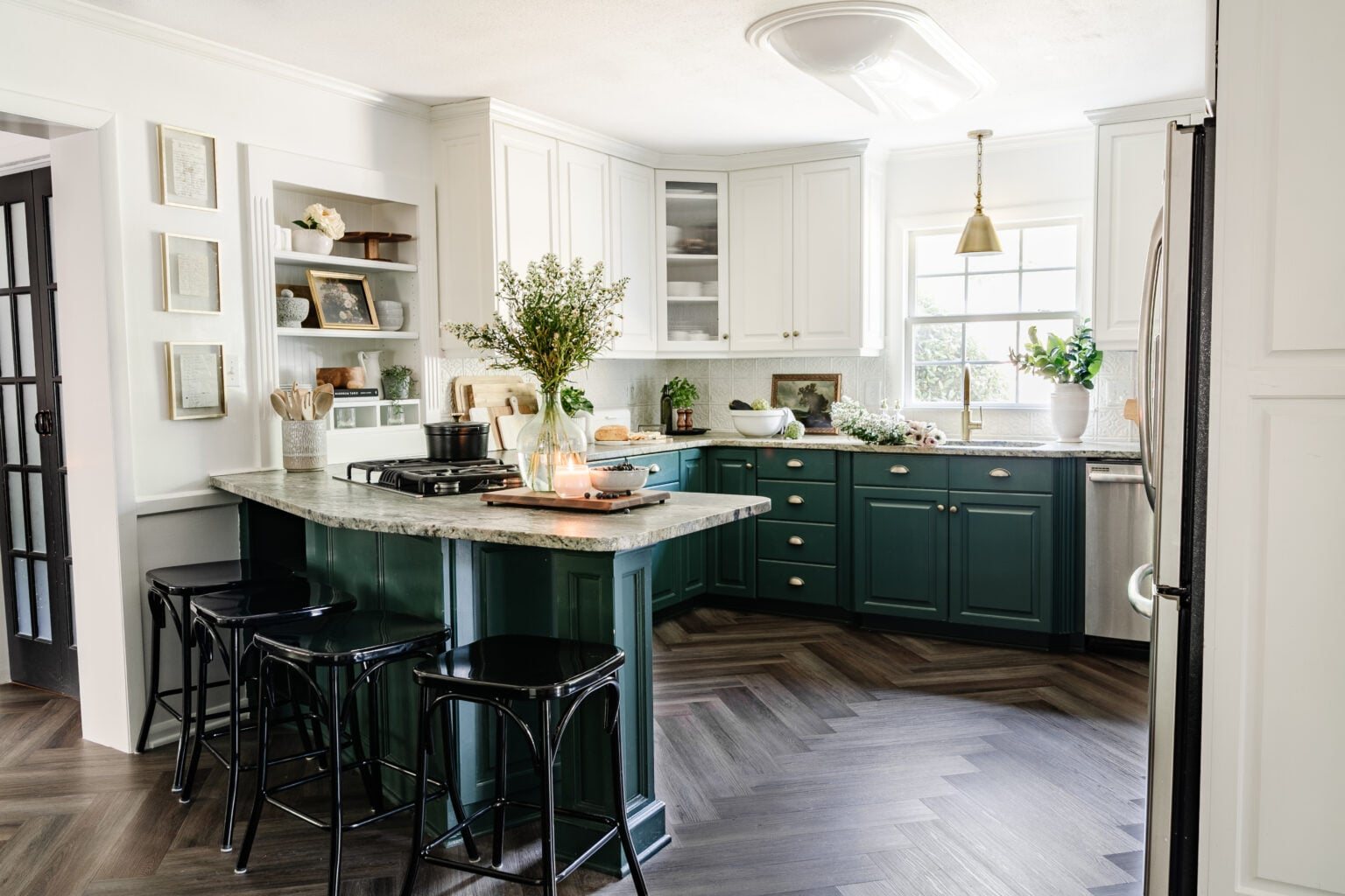 kitchen facelift with herringbone floors, green cabinets, and cottagecore style