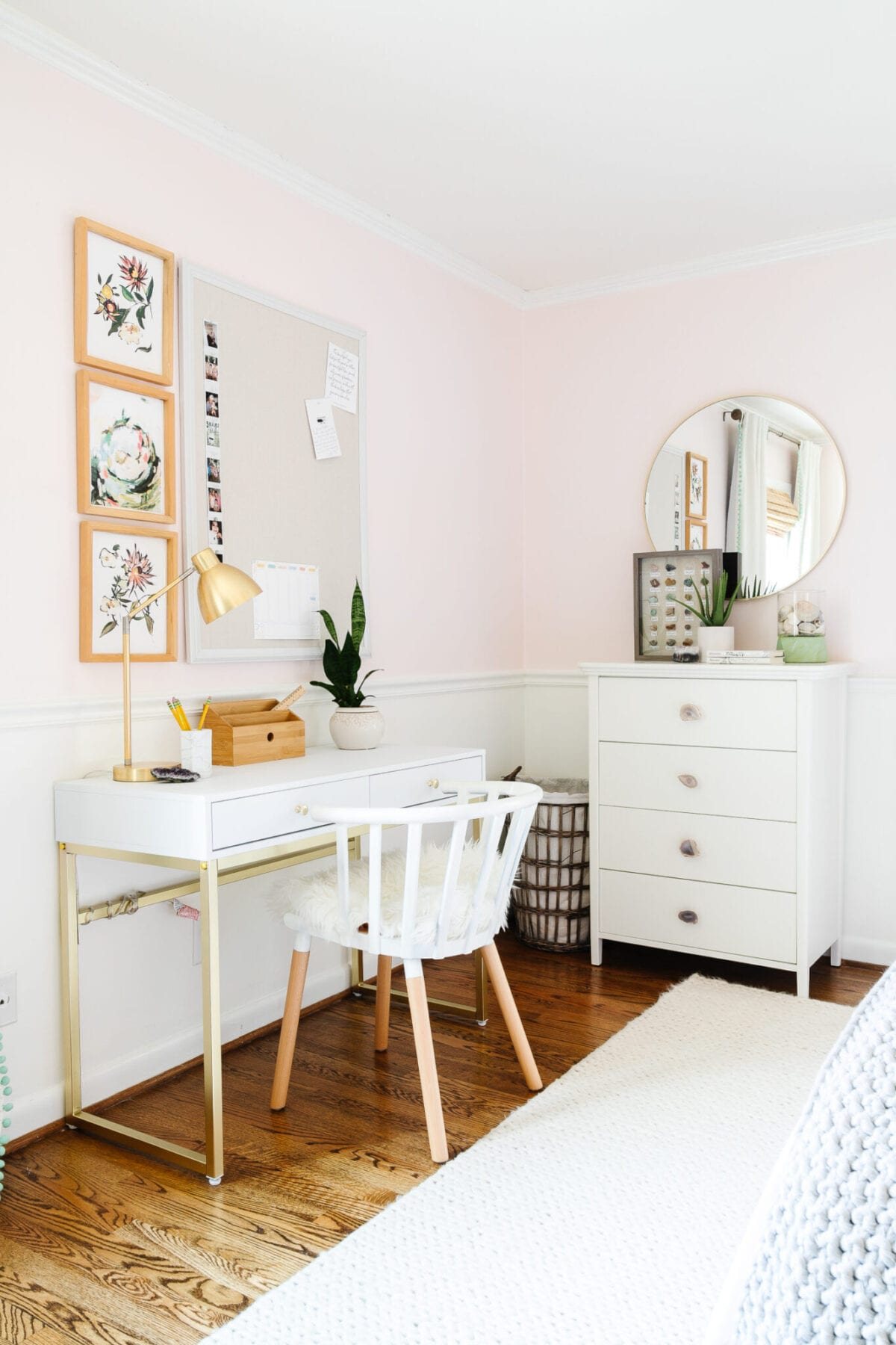 A little girl bedroom gets a big girl update using a few boho furniture swaps, DIY geology art, and glam accents.