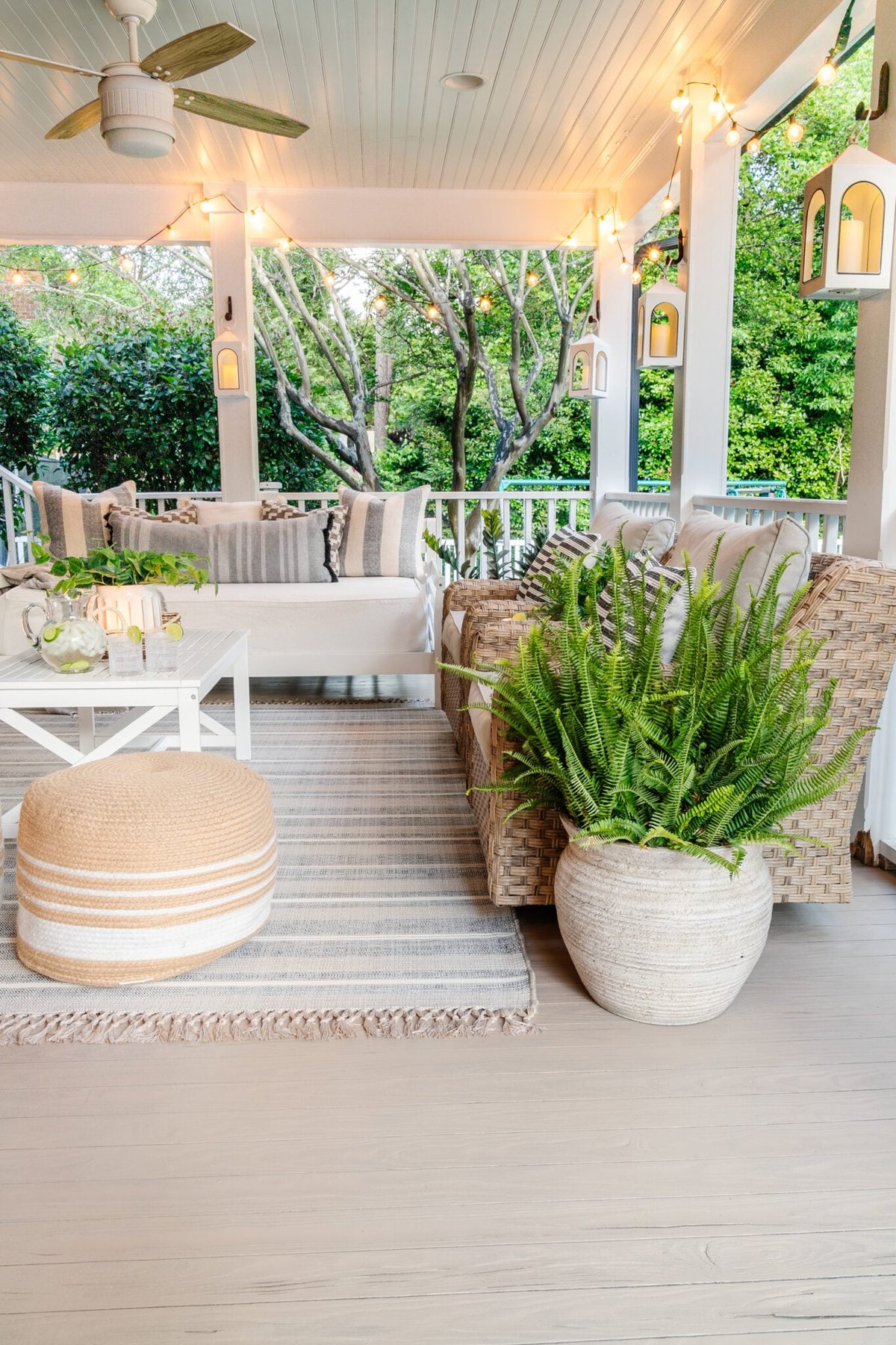 light neutral driftwood stain color on a back porch with Behr Taupe