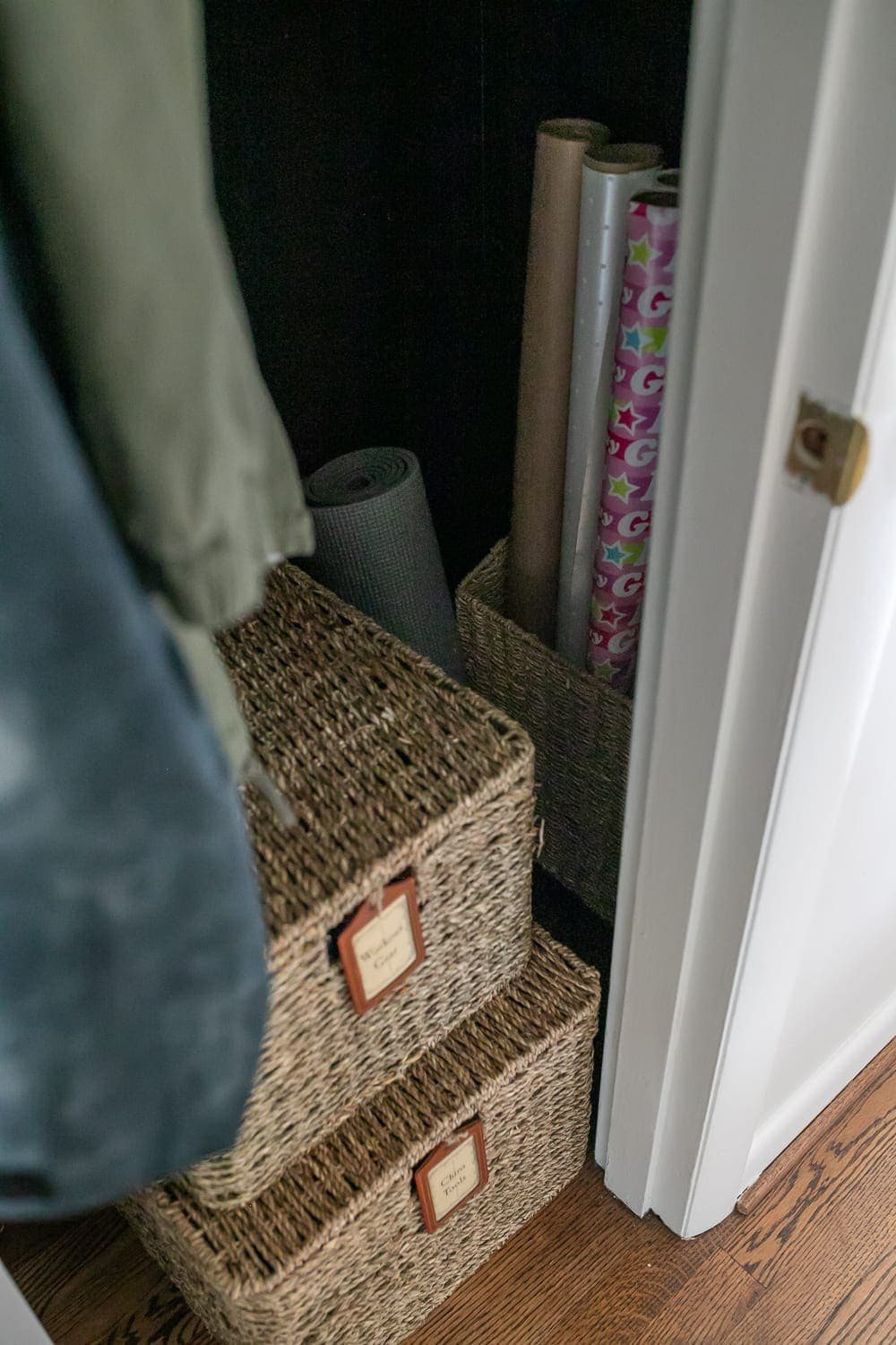 coat closet with gift wrap storage