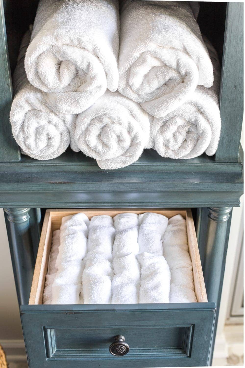 Budget Master Bathroom Refresh Reveal | linen cabinet organization