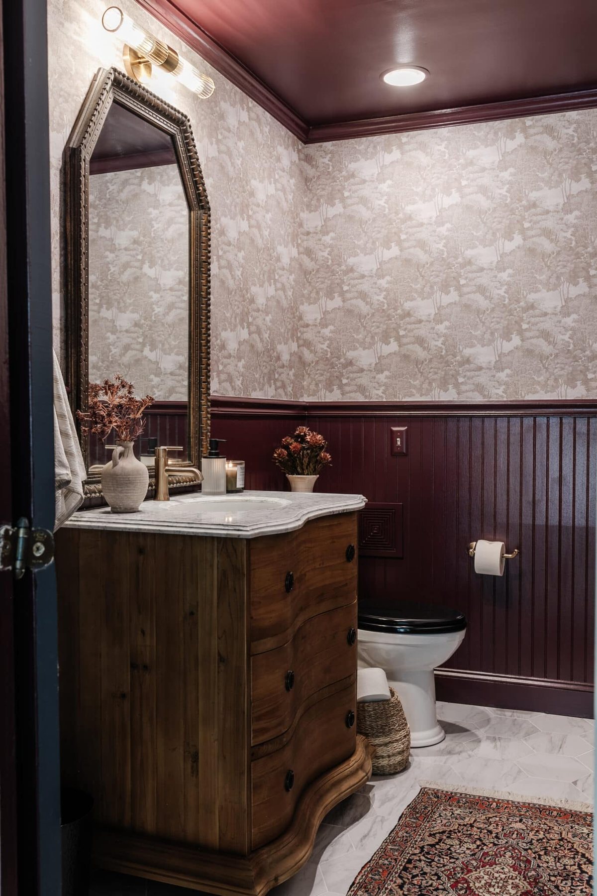 windowless half bath makeover in Farrow and Ball Brinjal