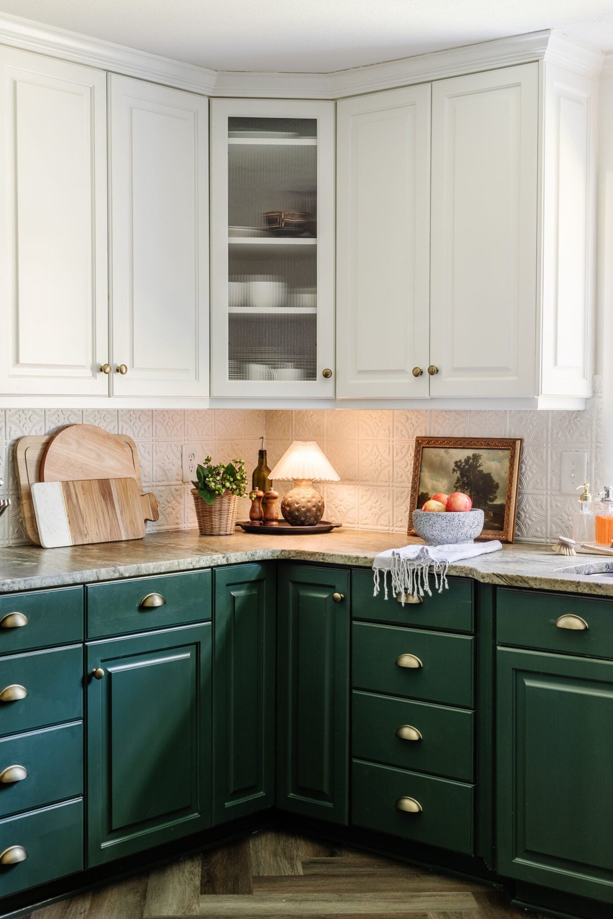cordless DIY mini lamp on a kitchen countertop with bowl of apples, kitchen art, and planter