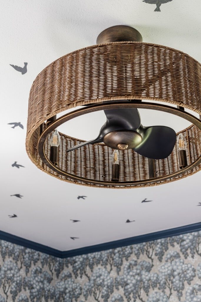 wicker fandelier used as a childrens ceiling light