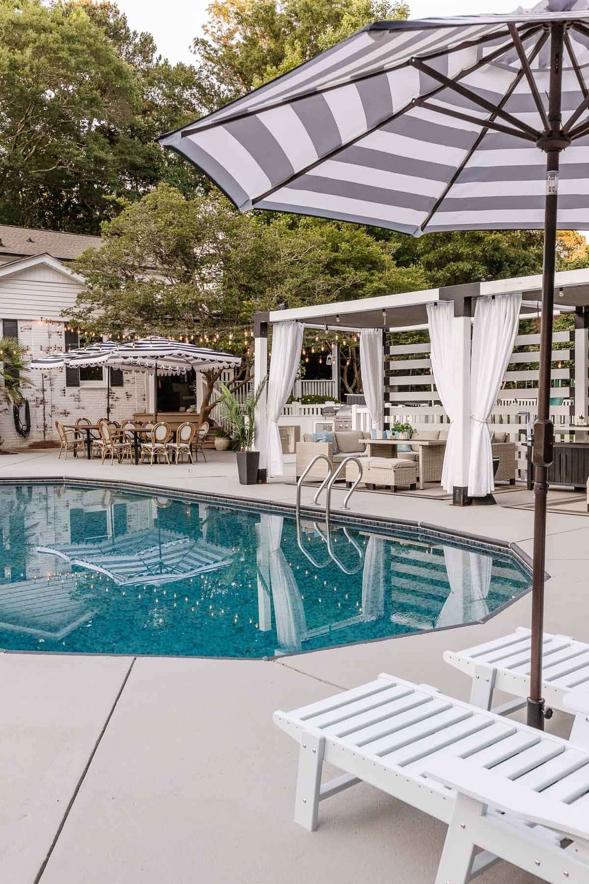 backyard pool with lounge chairs from amazon and umbrellas and diy cabana
