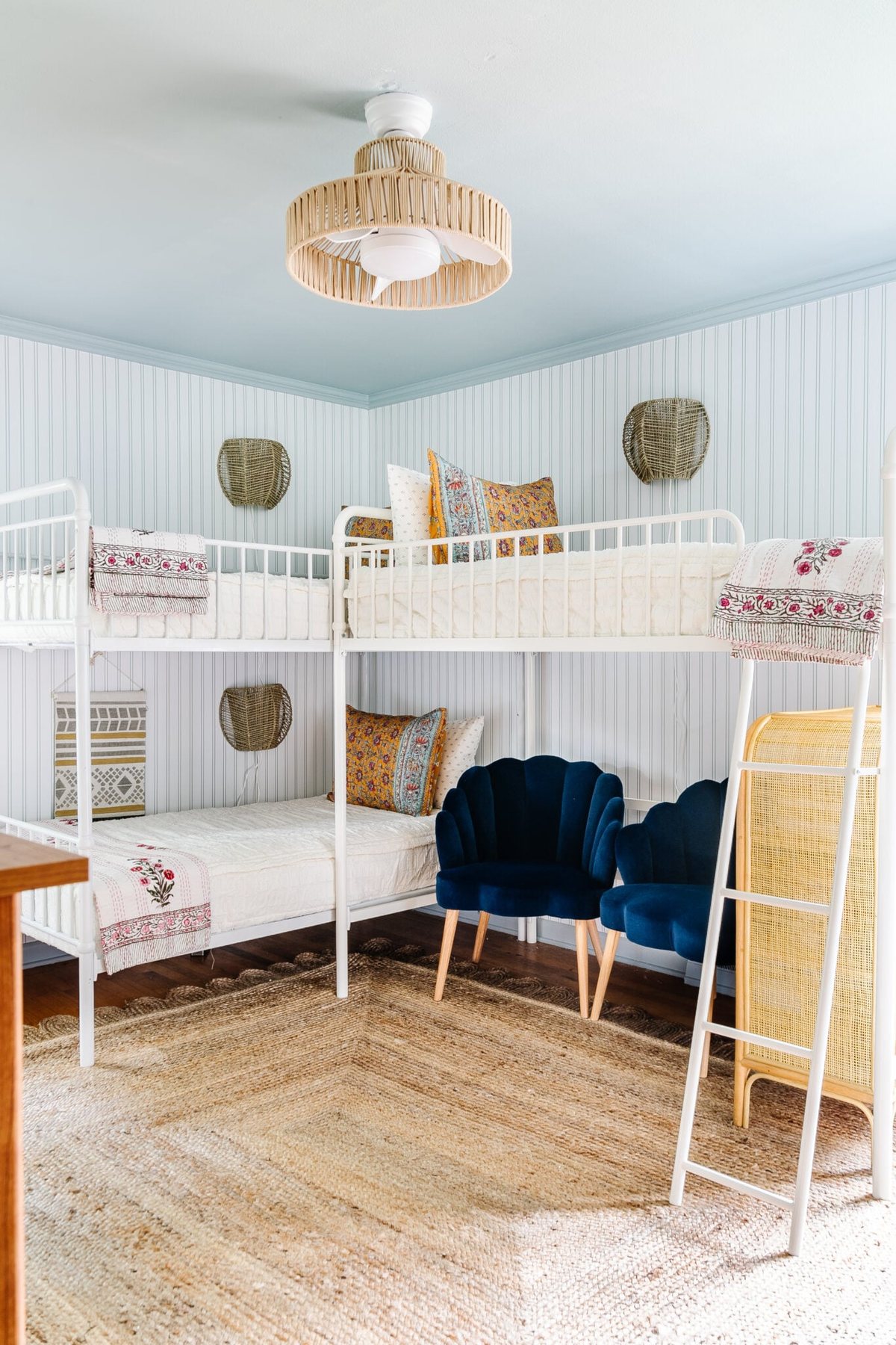 coastal bunk room for 3 girls with blue ceiling in Romabio Carolina Sky and green striped wallpaper