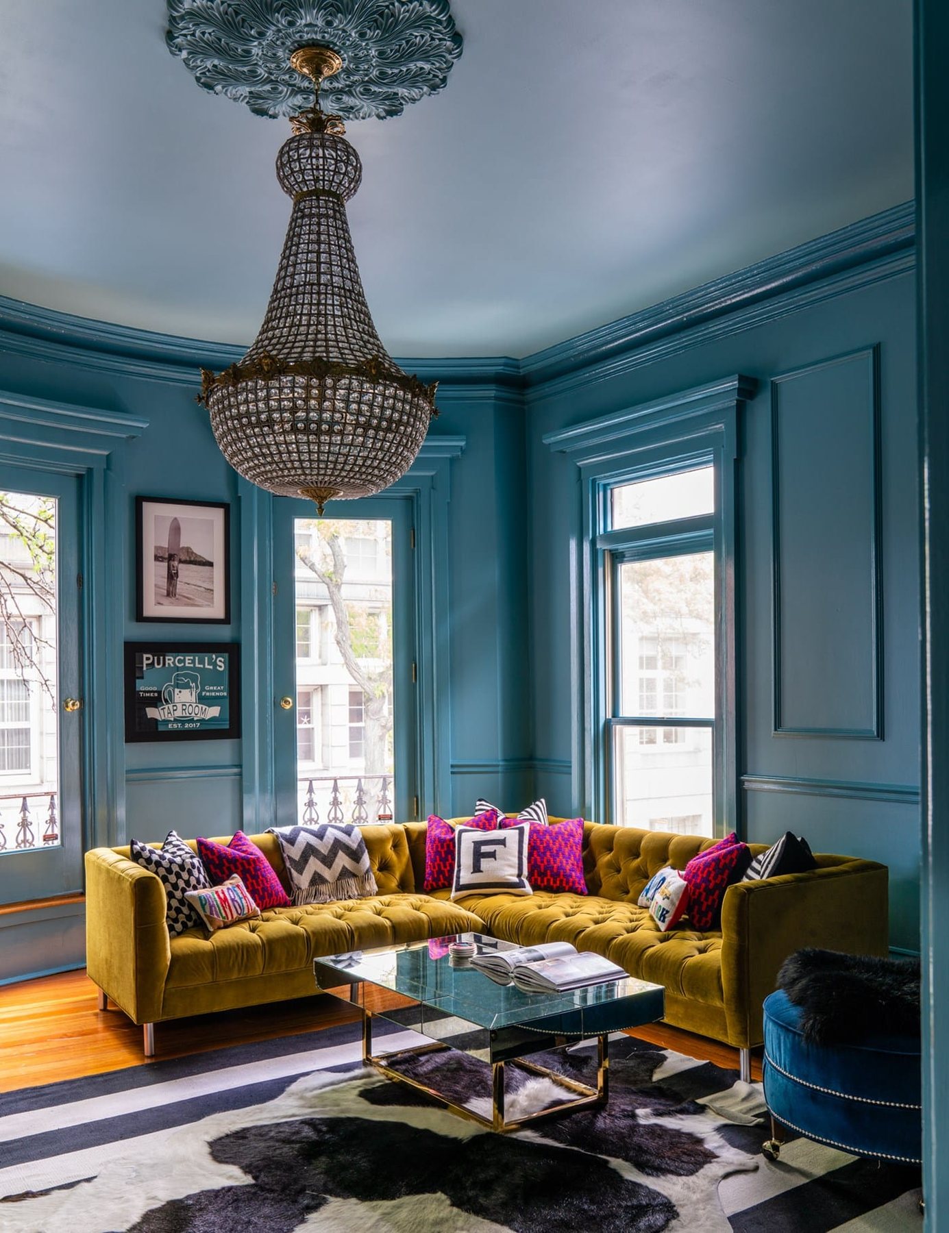 high gloss Farrow and Ball Stone Blue living room