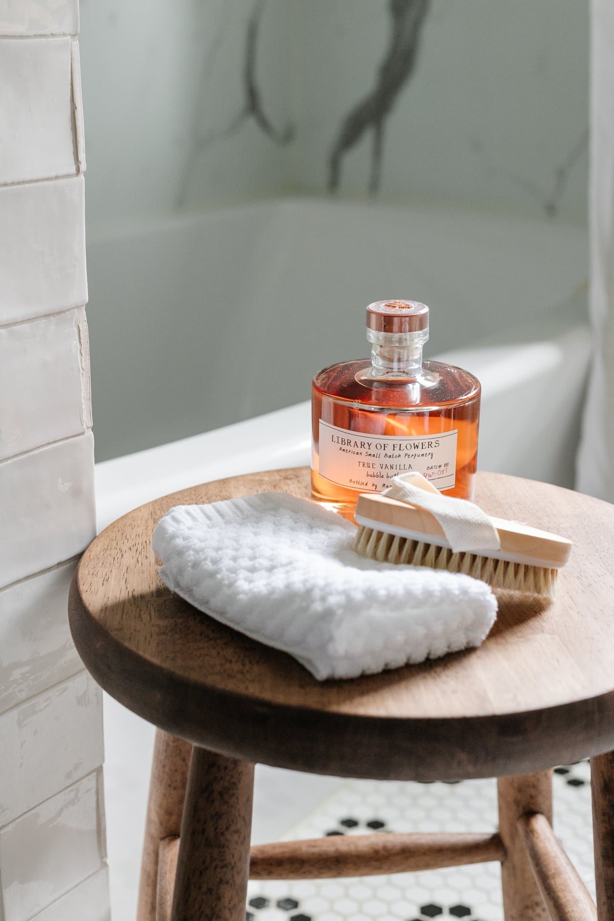 bathroom stool with toiletries
