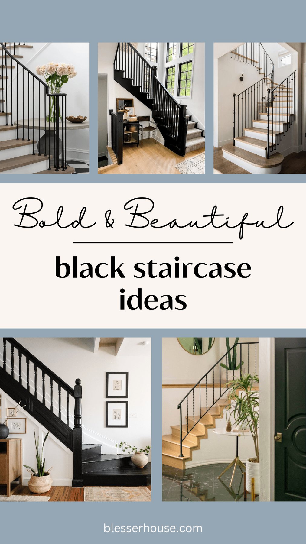 Black stair railing designs, DIY painted black stair projects, and runner rug ideas for a bold, elegant entry.