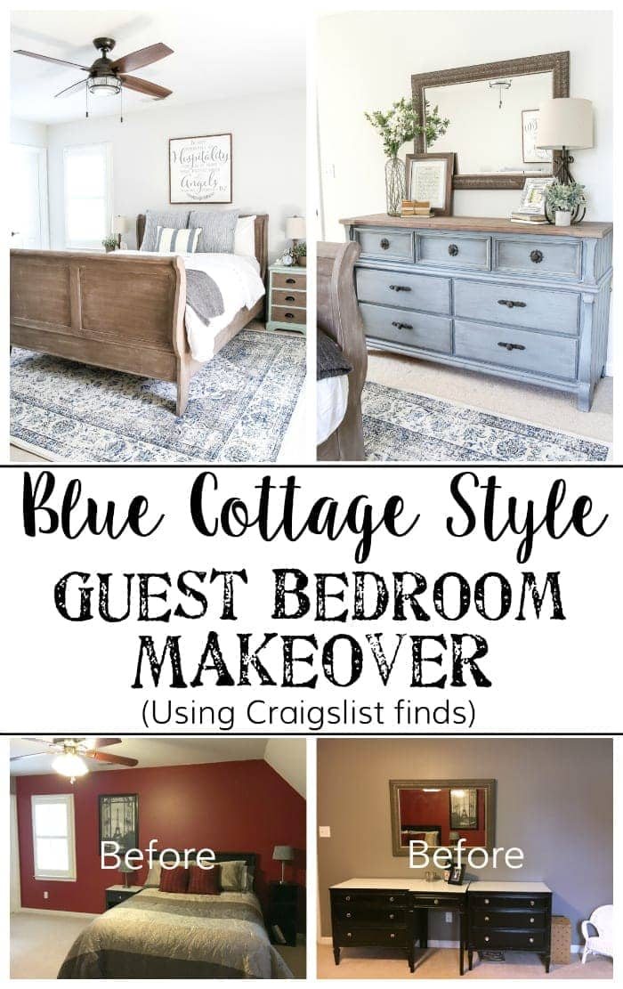 Blue Cottage Style Guest Bedroom Makeover | unigumushane.com - A dark and dated guest bedroom gets a cottage style makeover with serene shades of blue using Craigslist furniture and budget-friendly finds.