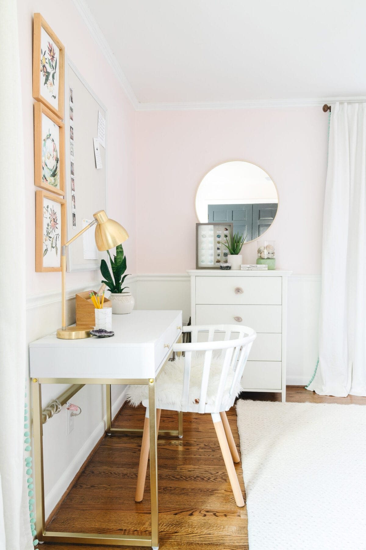 A little girl bedroom gets a big girl update using a few boho furniture swaps, DIY geology art, and glam accents.