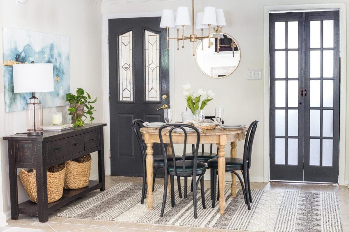 How a small, oddly laid out breakfast nook entryway got a makeover to maximize on storage, function, traffic flow, and modern style.