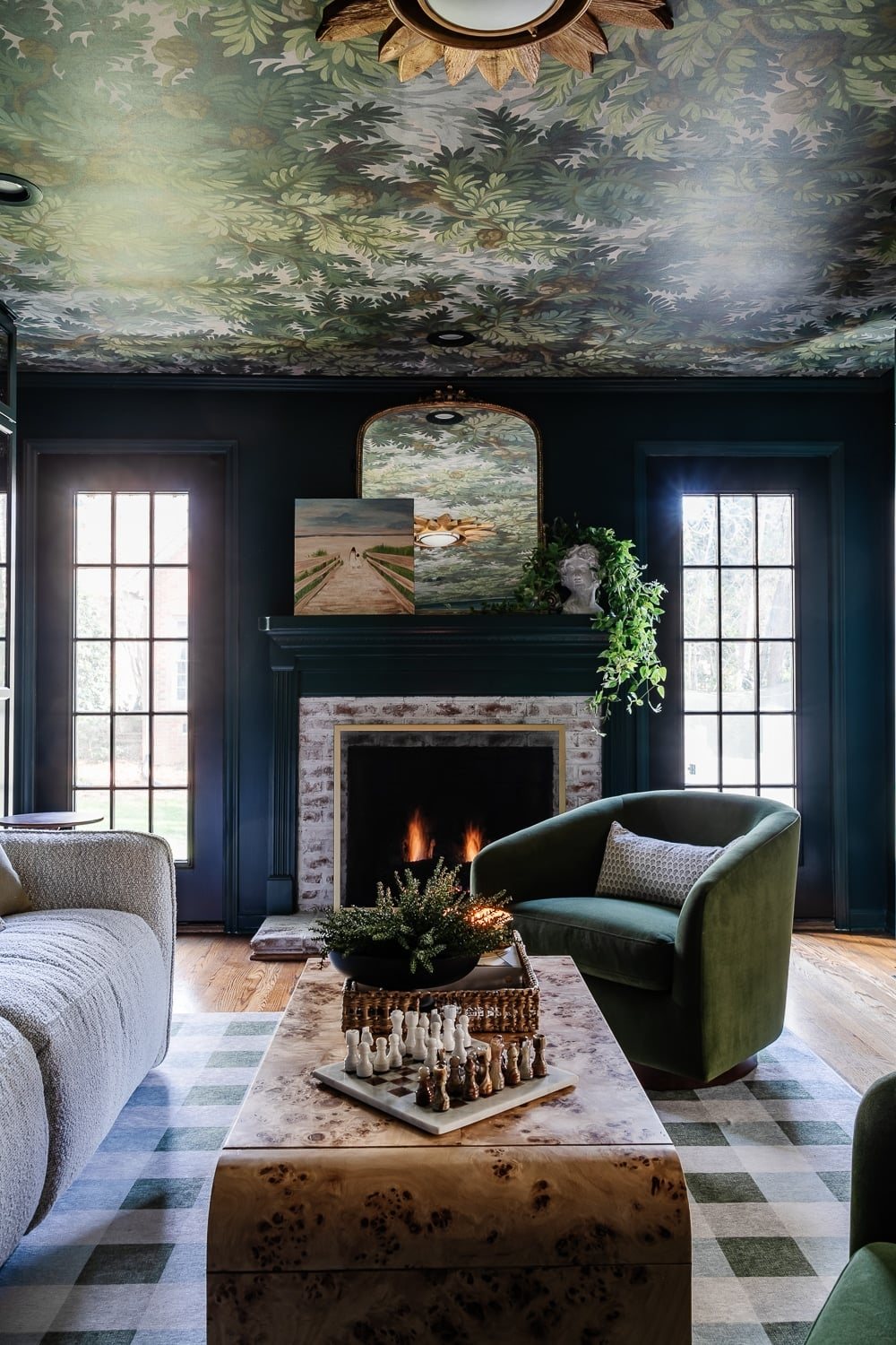 modern traditional media room fireplace with limewashed brick