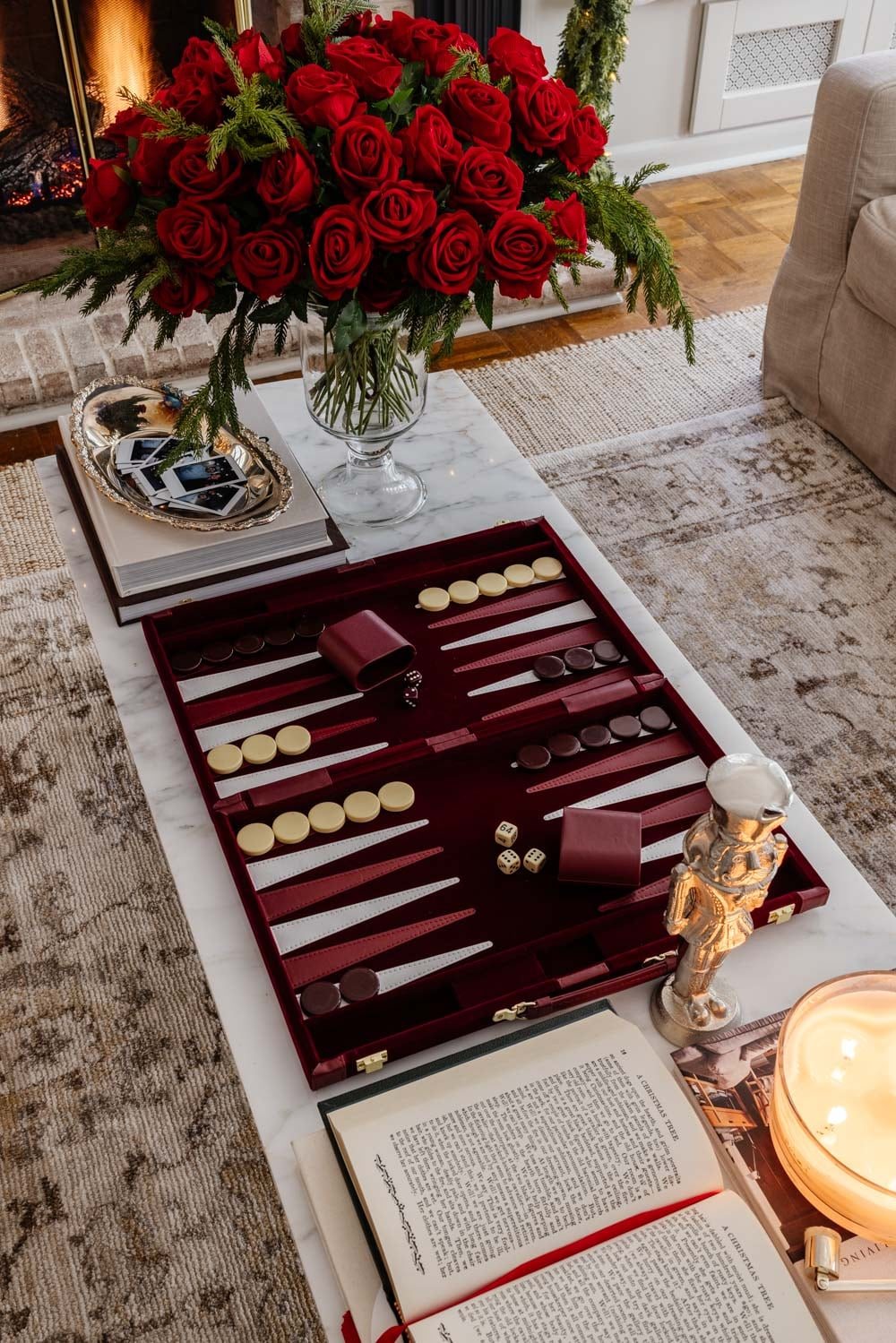 Ralph Lauren Christmas decorating ideas on a budget - burgundy velvet backgammon board coffee table decor