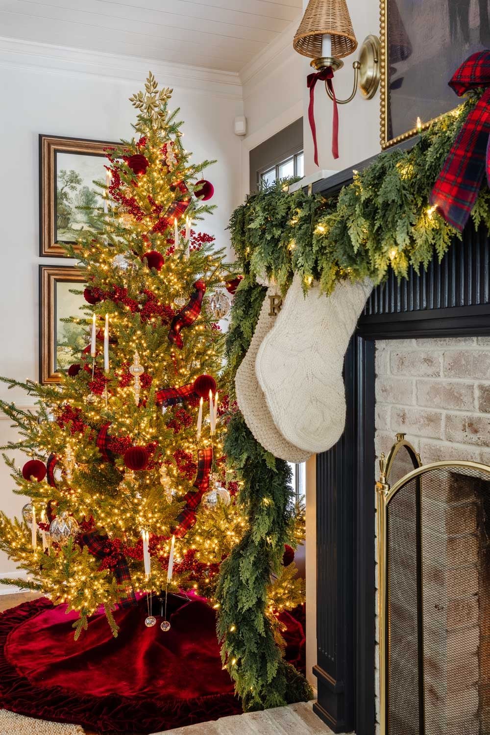 Ralph Lauren Christmas decorating ideas on a budget - cable knit stockings on navy blue mantel