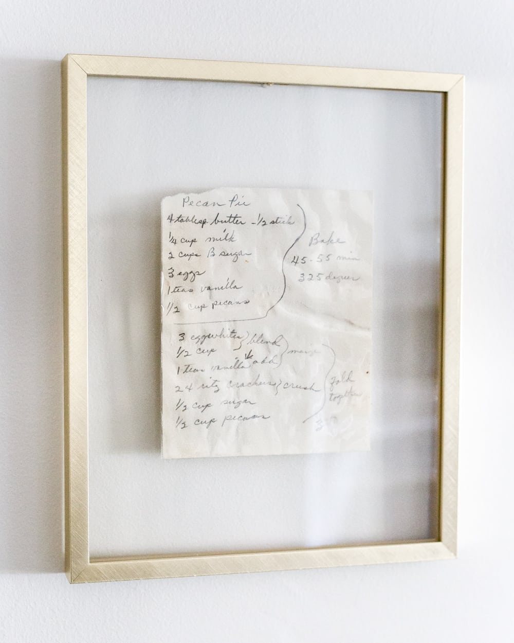 framed handwritten recipe art in float frame