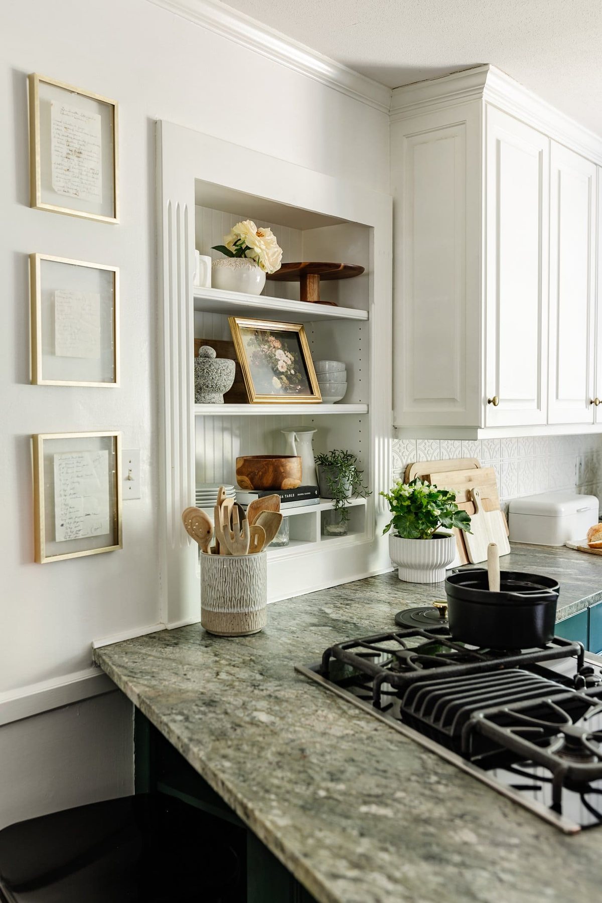framed handwritten recipe art in float frame hanging on a kitchen wall