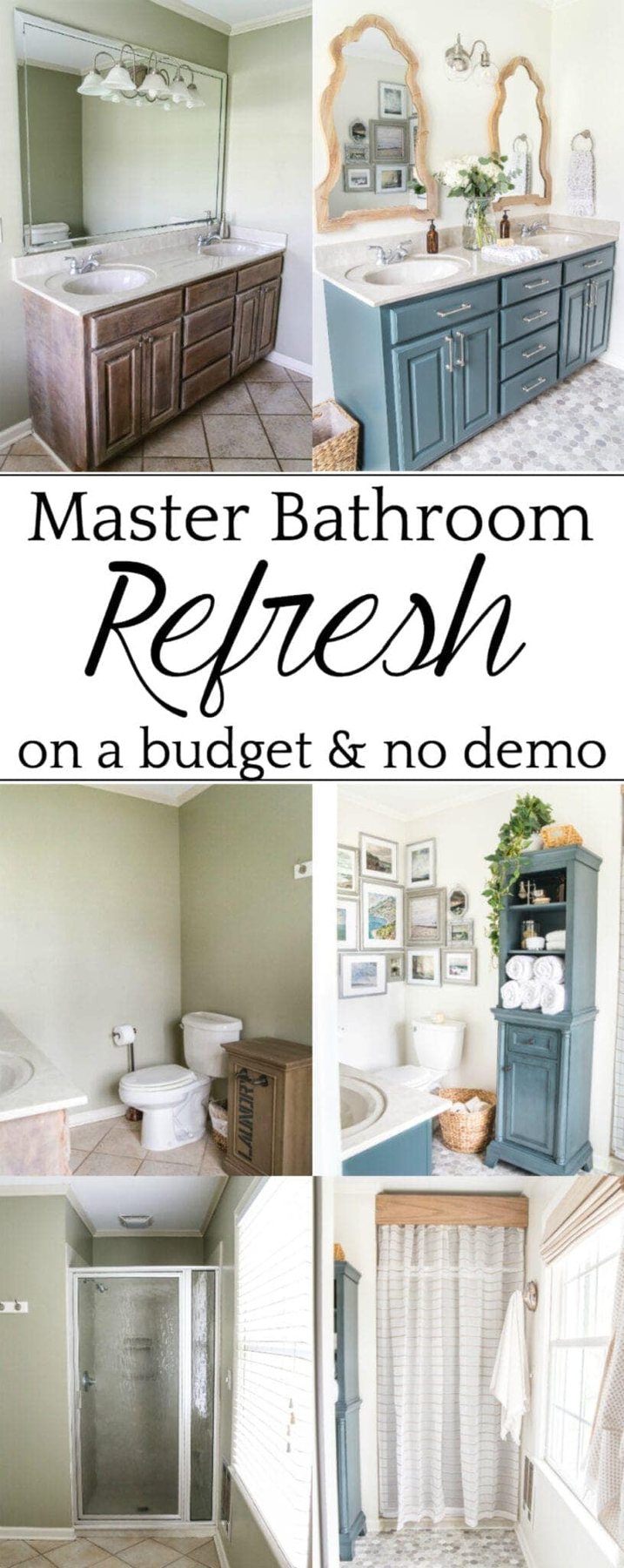 Budget Master Bathroom Refresh Reveal | A dated master bathroom gets a budget-friendly refresh using paint, organizing tricks, and DIY solutions for modernizing a space. #bathroomrefresh #masterbathroom #bathroommakeover #budgetbathroom #bathroomreveal #coastalbathroom #coastalstyle