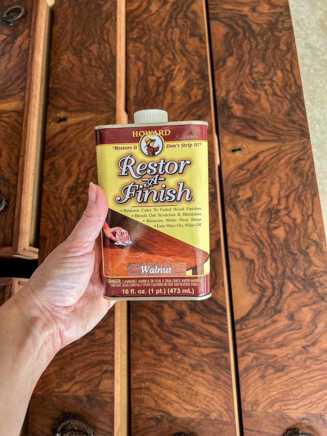 using restor-a-finish on burl wood furniture to remove scratches and restore faded color