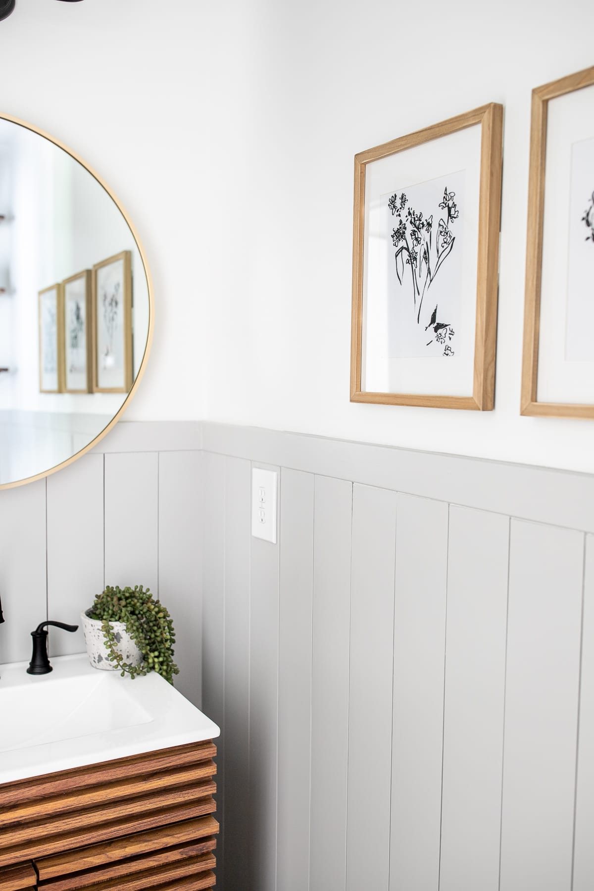 California Casual modern powder room with minimalist botanical art
