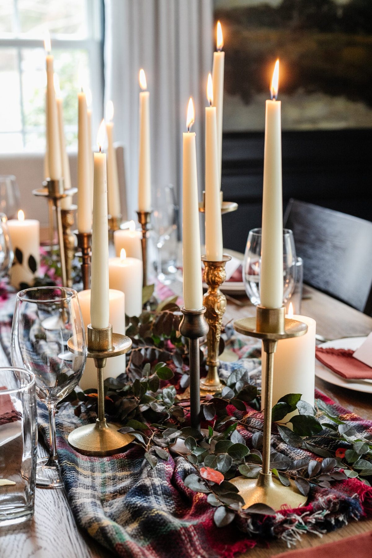 DIY Thanksgiving centerpiece with plaid scarf runner