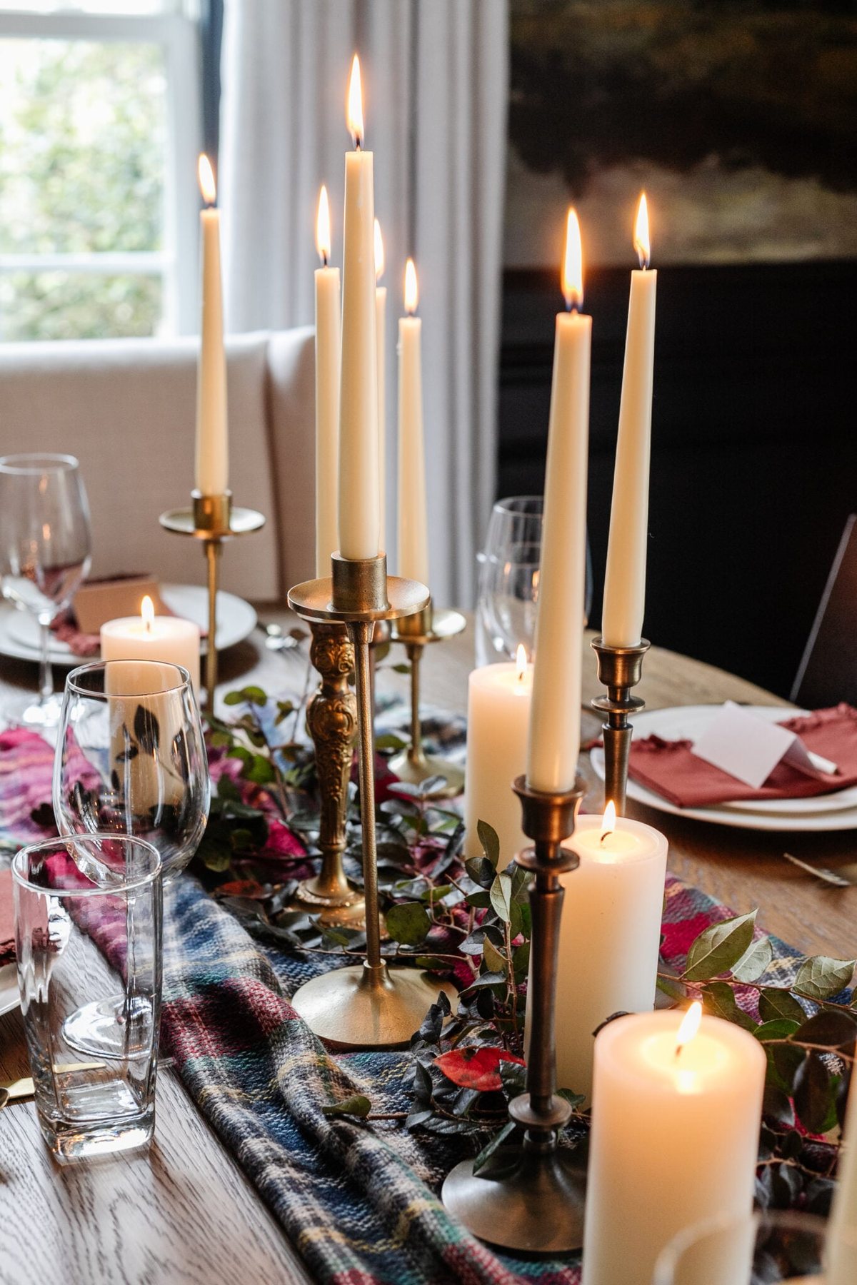 thrifted candlesticks as a cheap Thanksgiving centerpiece