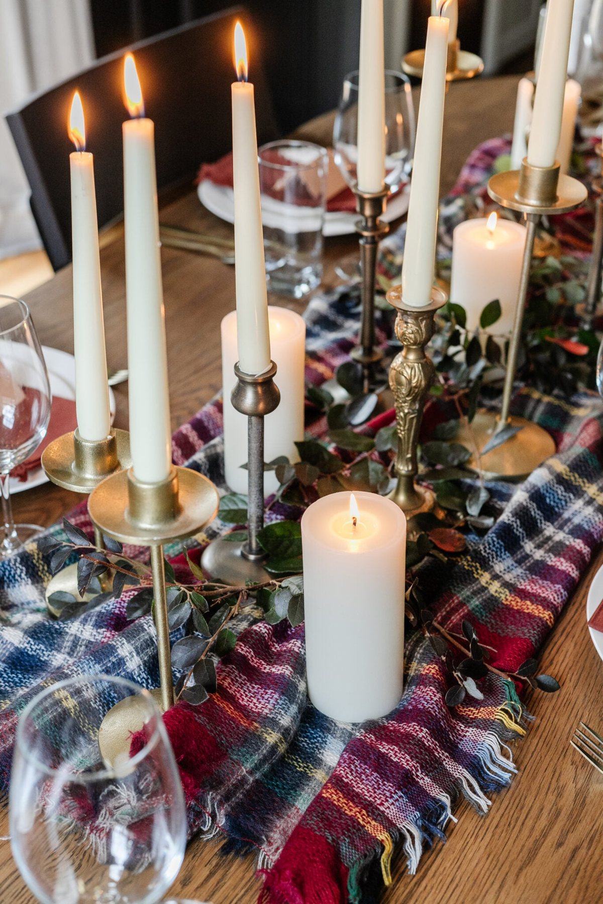 plaid scarf used as a Thanksgiving centerpiece table runner