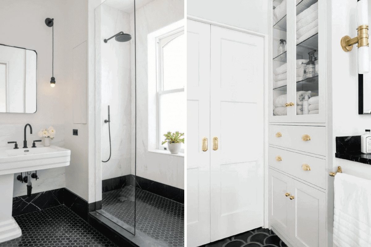 large shower vs linen cabinet in a bathroom