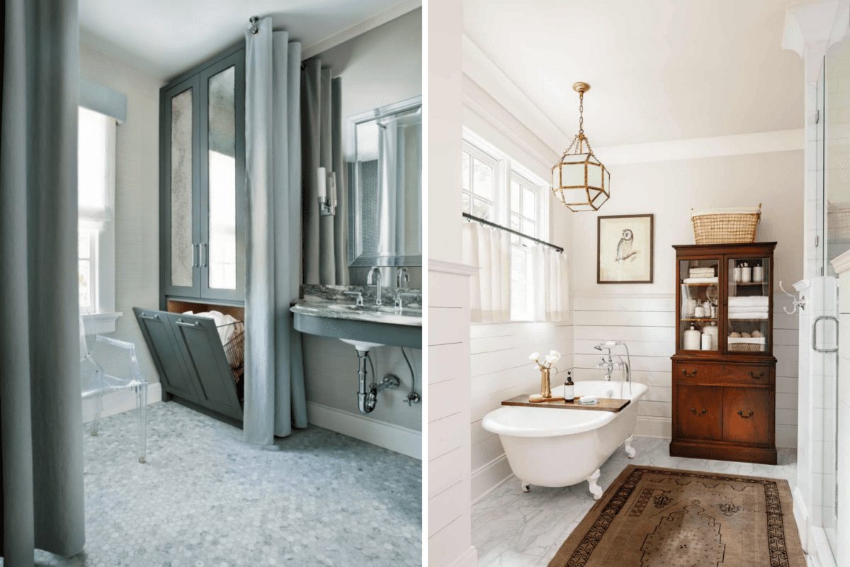 built in linen cabinet vs freestanding vintage linen cabinet in a bathroom