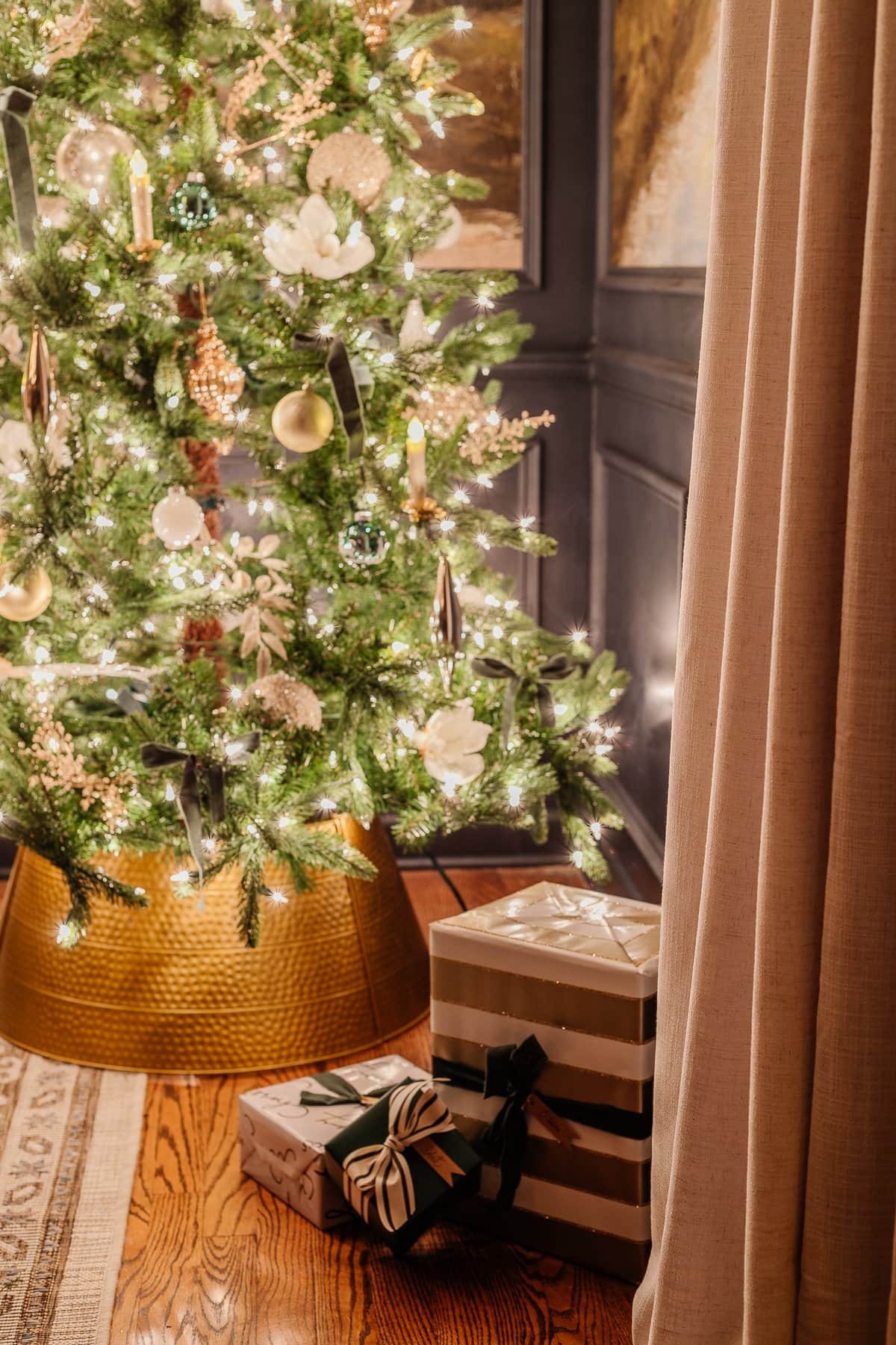 Christmas tree in dining room at night