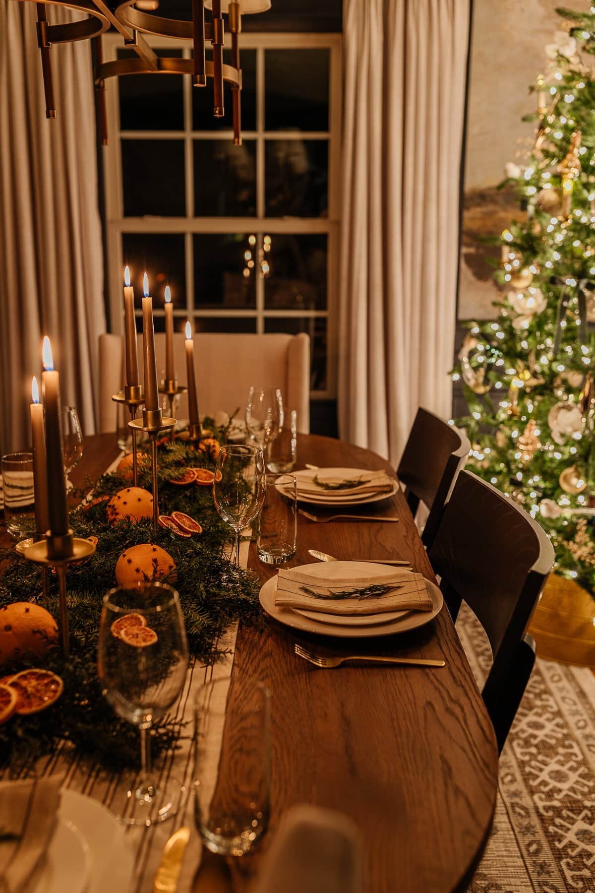 Christmas dining room table decor at night