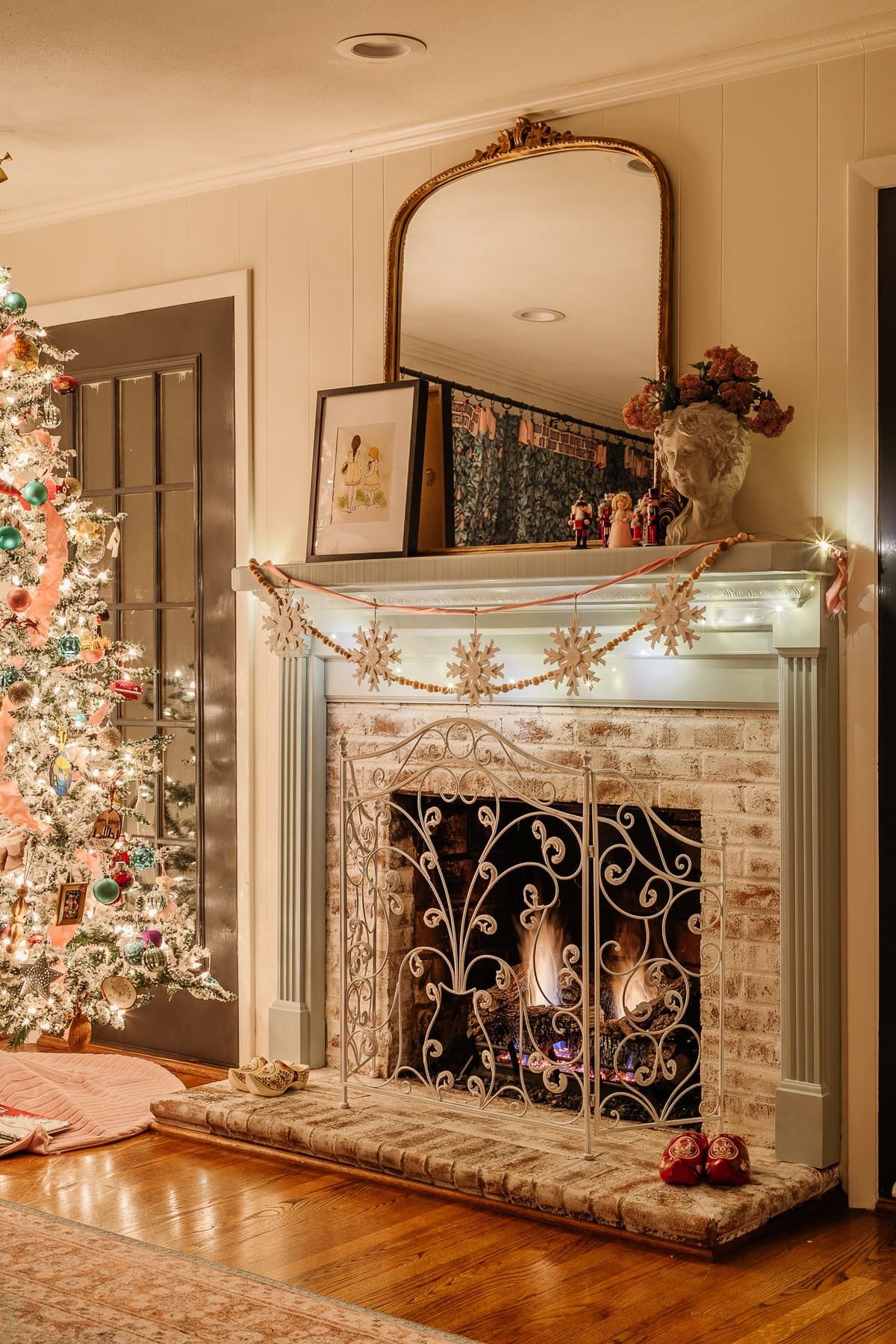 Christmas playroom mantel and tree at night