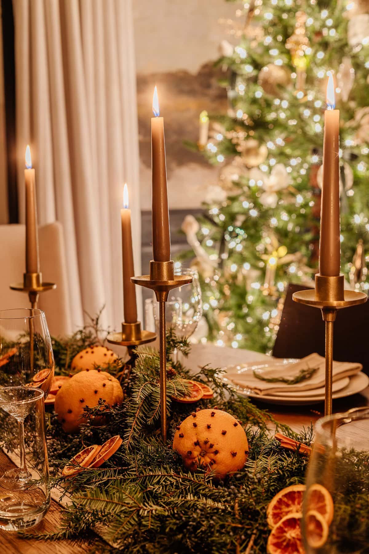 Christmas dining room table decor at night
