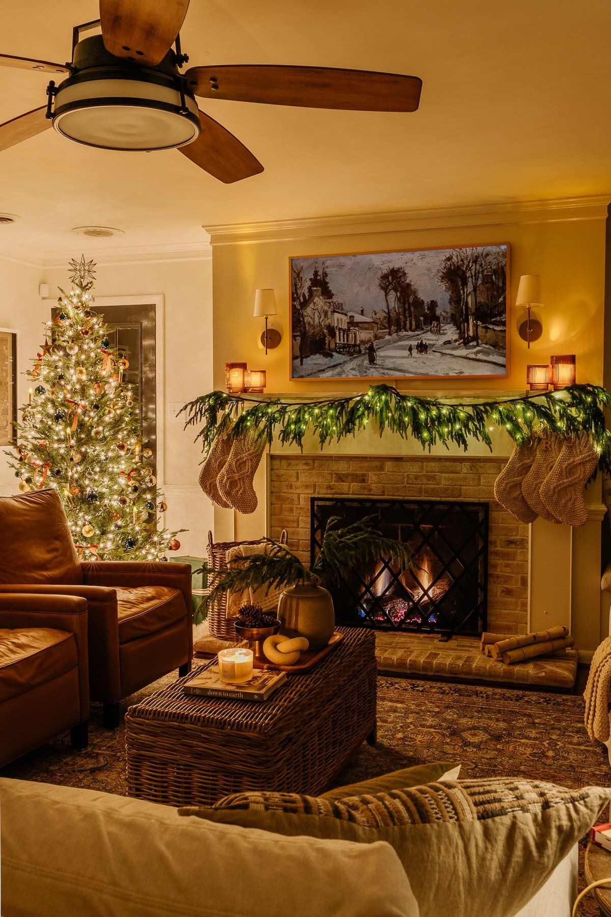 Christmas tree and fireplace at night