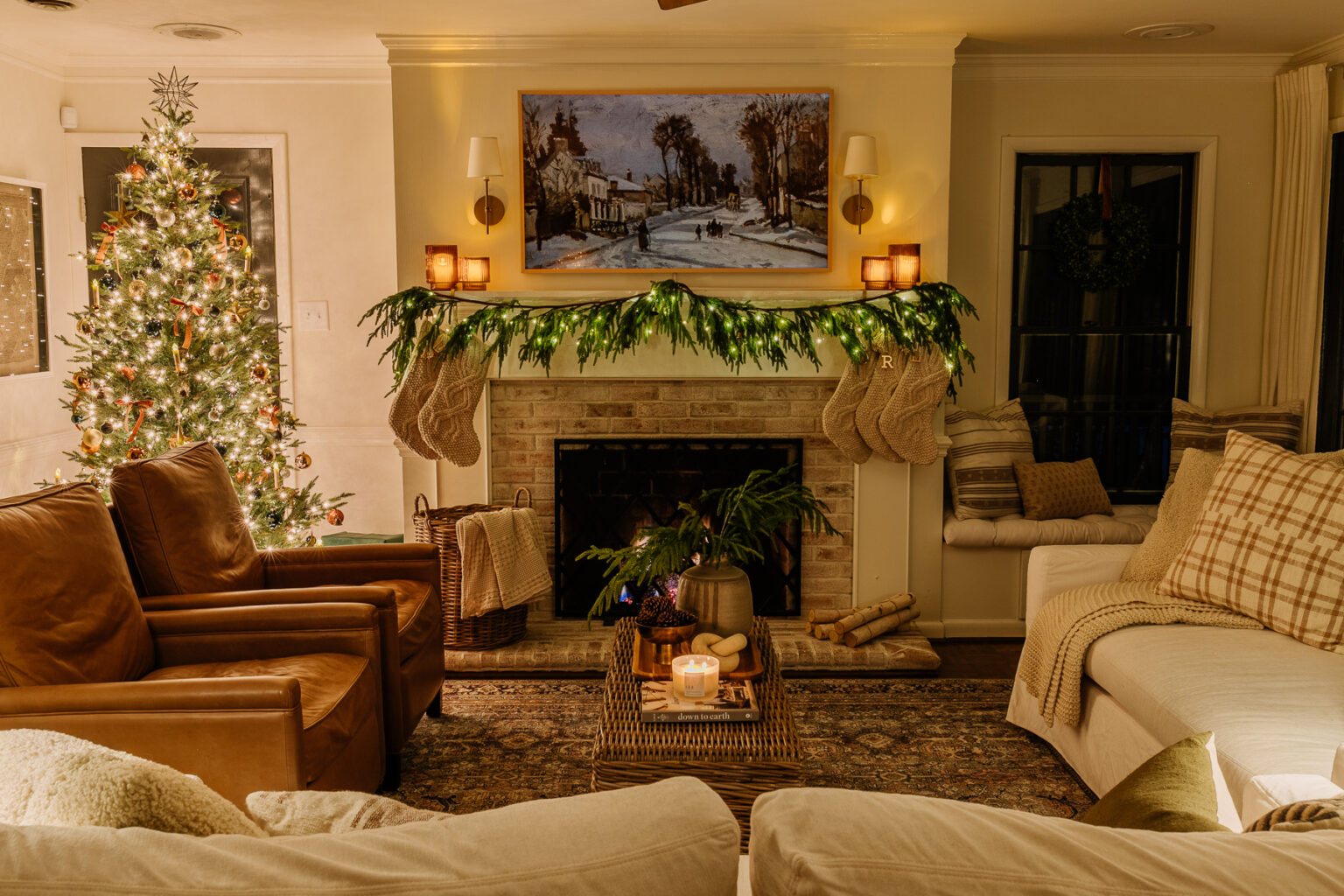 Christmas living room at night