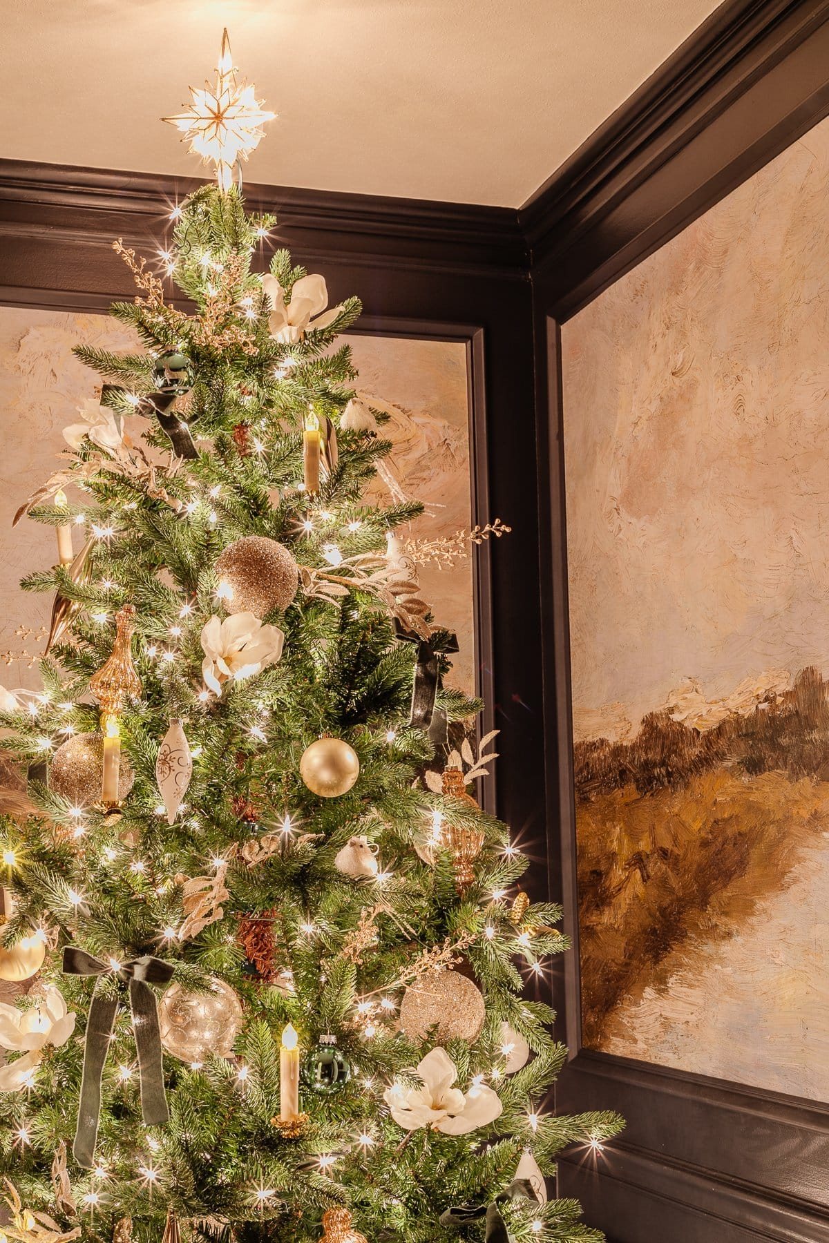Christmas tree in dining room at night