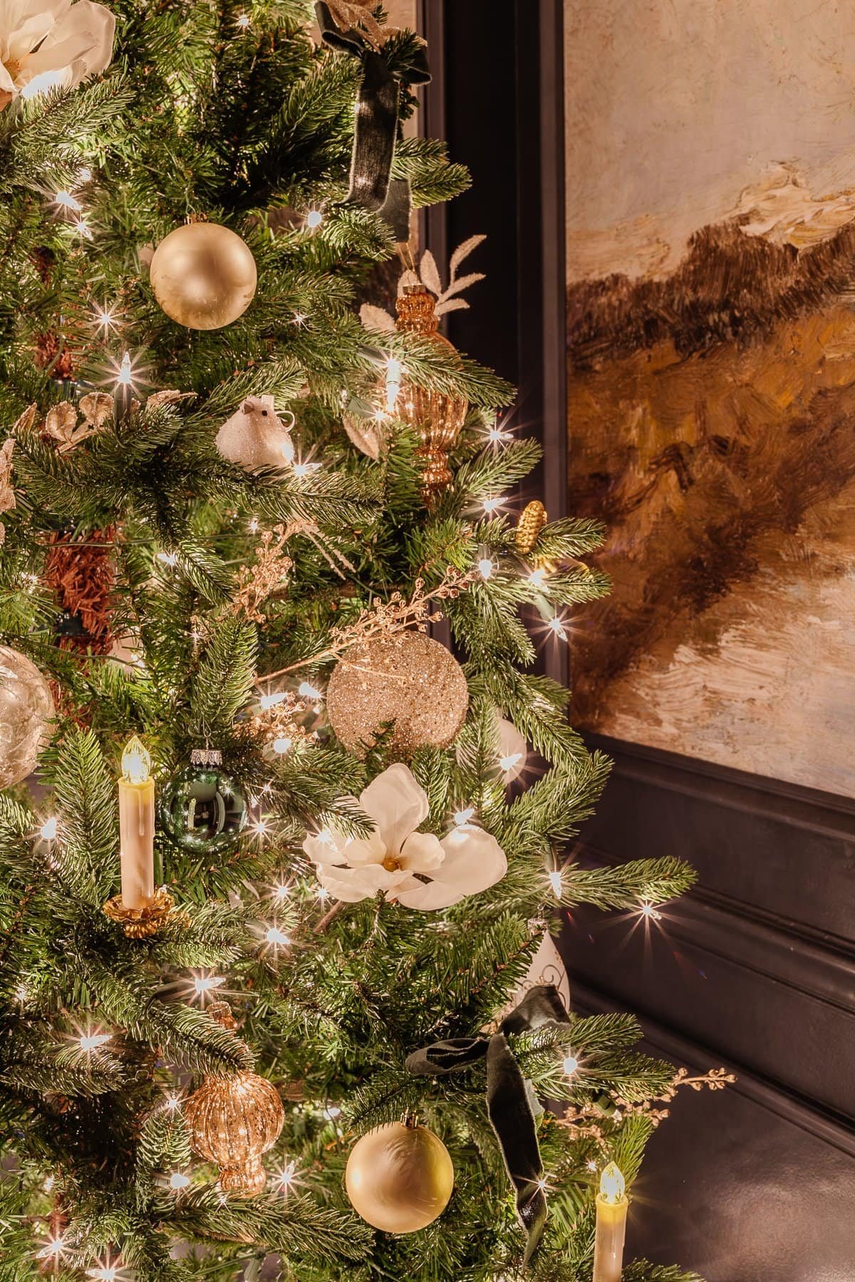 Christmas tree in dining room at night