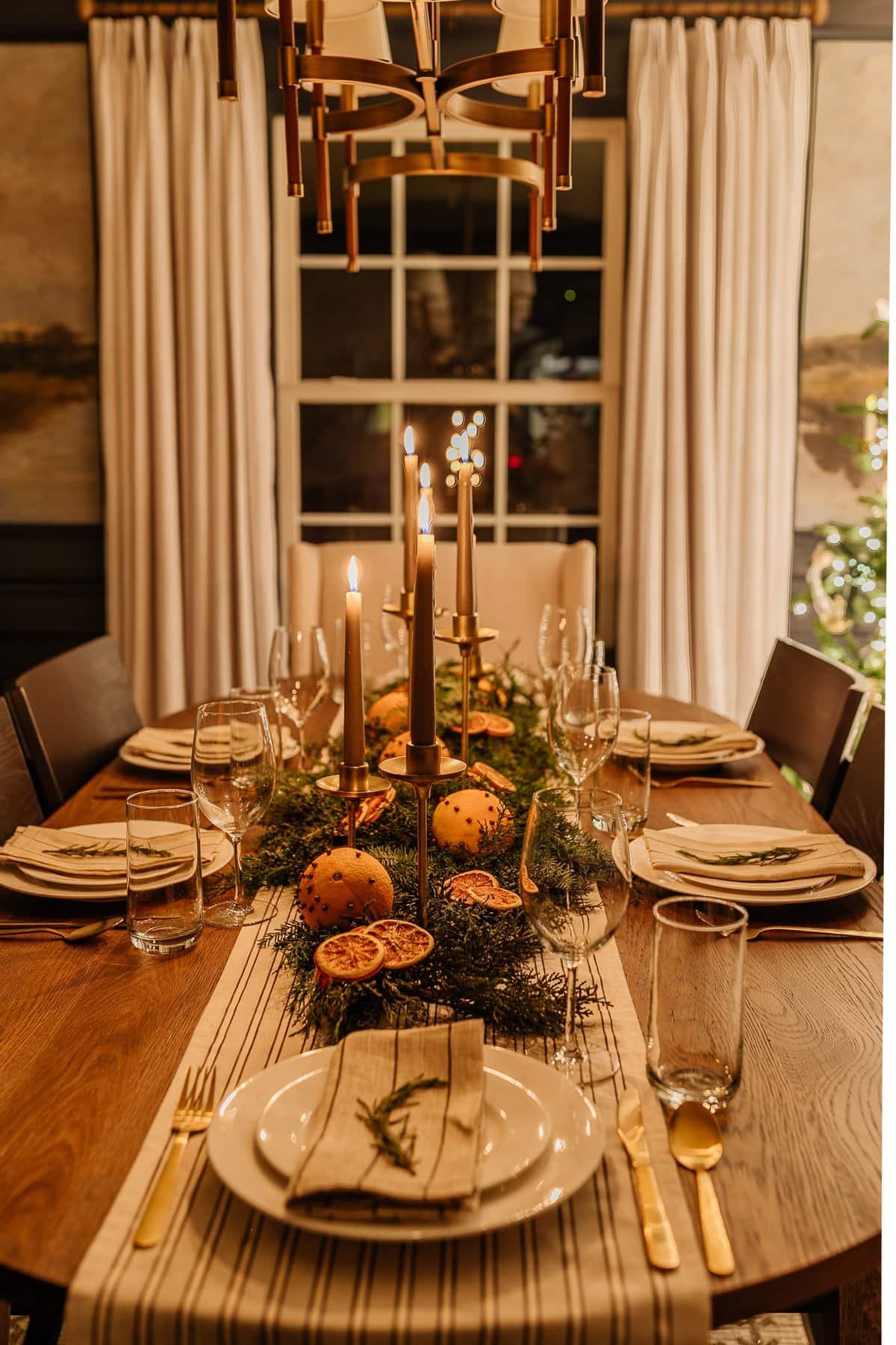Christmas dining room table decor at night