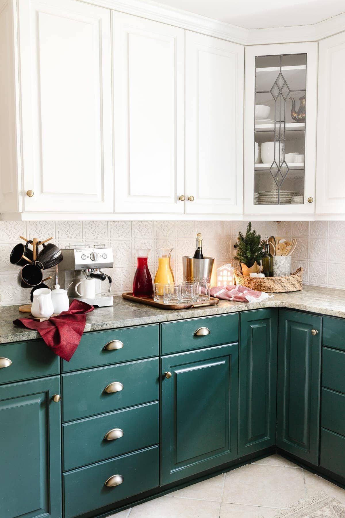 Christmas brunch espresso and mimosa bar on a kitchen countertop
