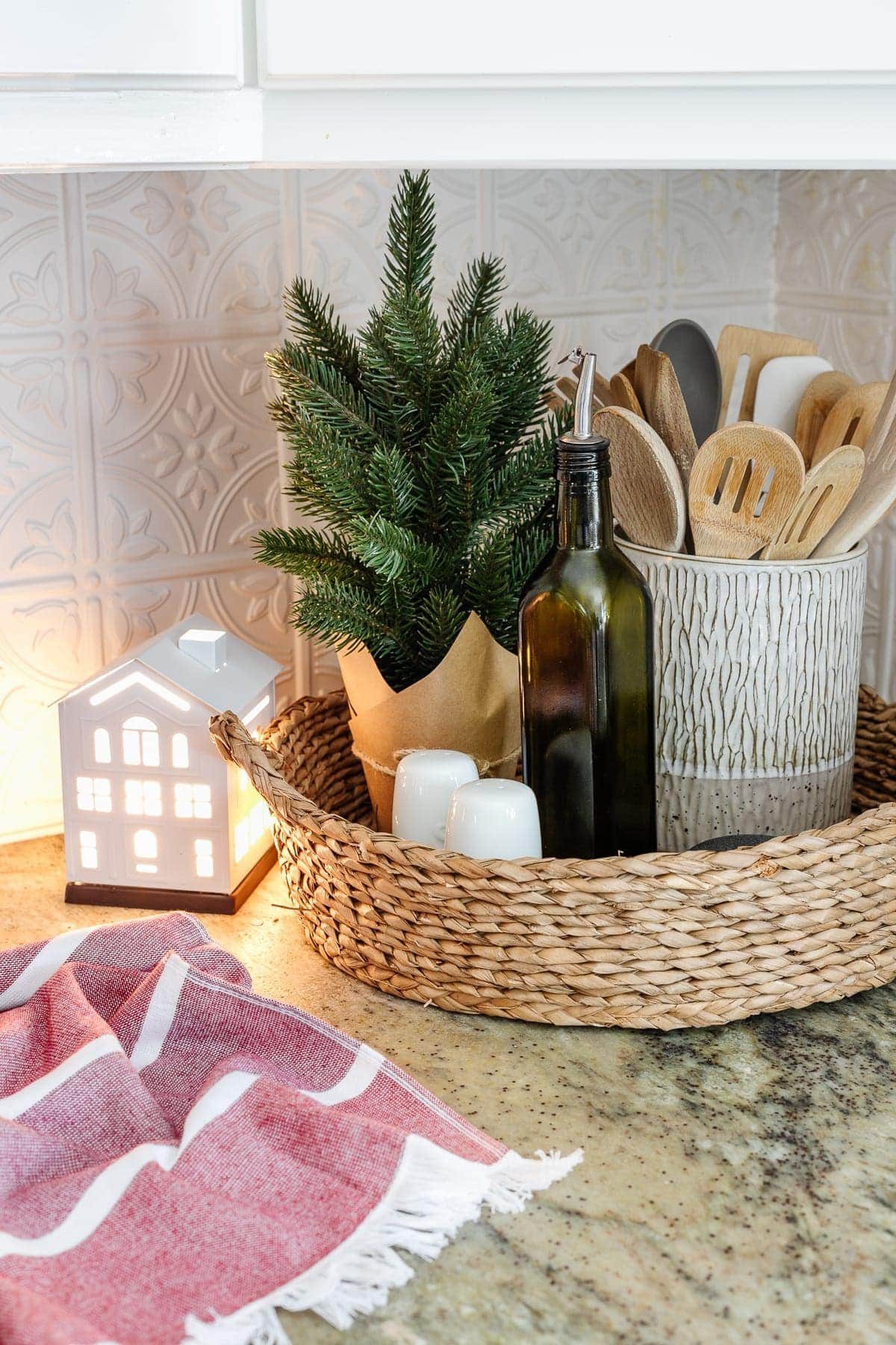 kitchen countertop tray with christmas decor