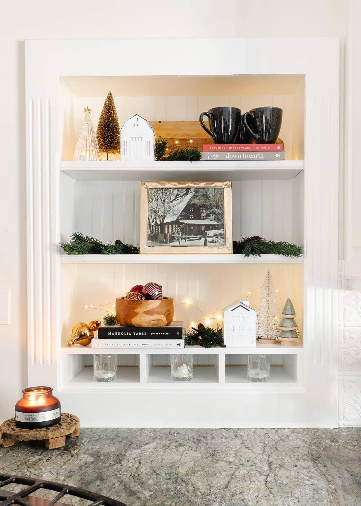 Christmas kitchen shelf with decor