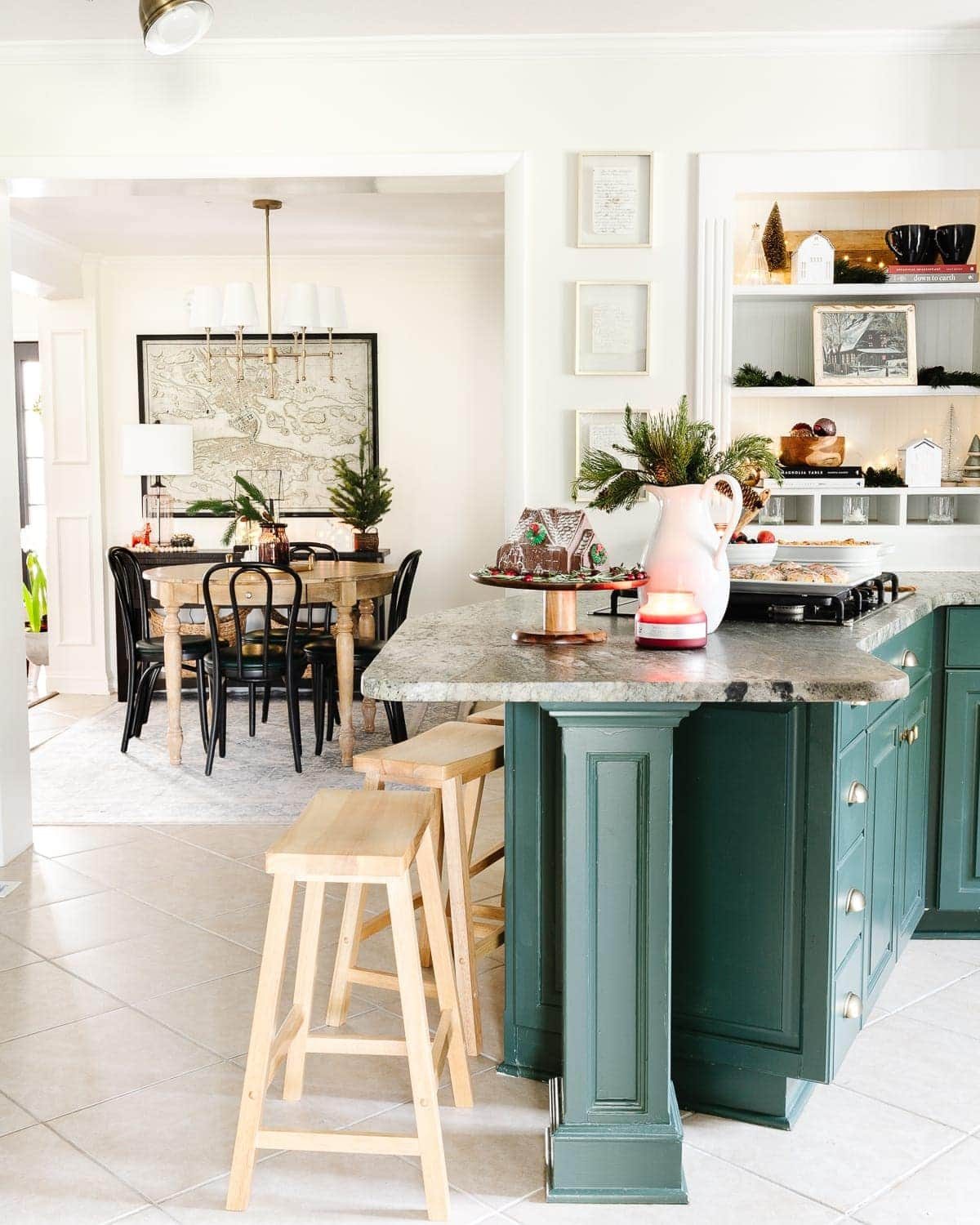 green and white kitchen decorated for Christmas