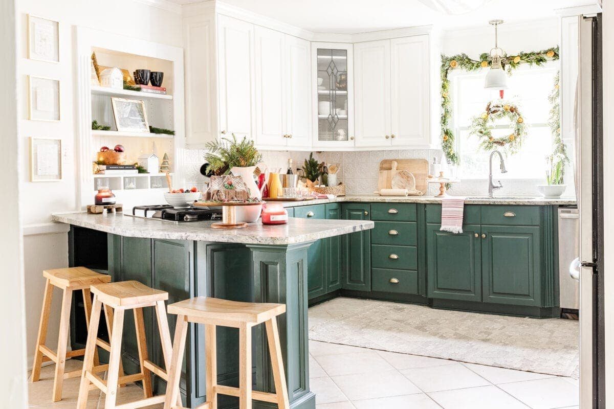green and white kitchen decorated for Christmas