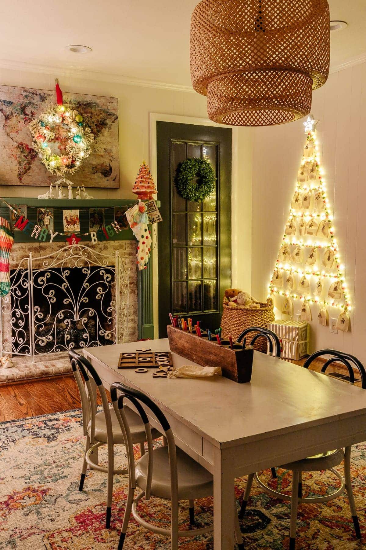 cheap DIY wall Christmas tree with lights in a playroom