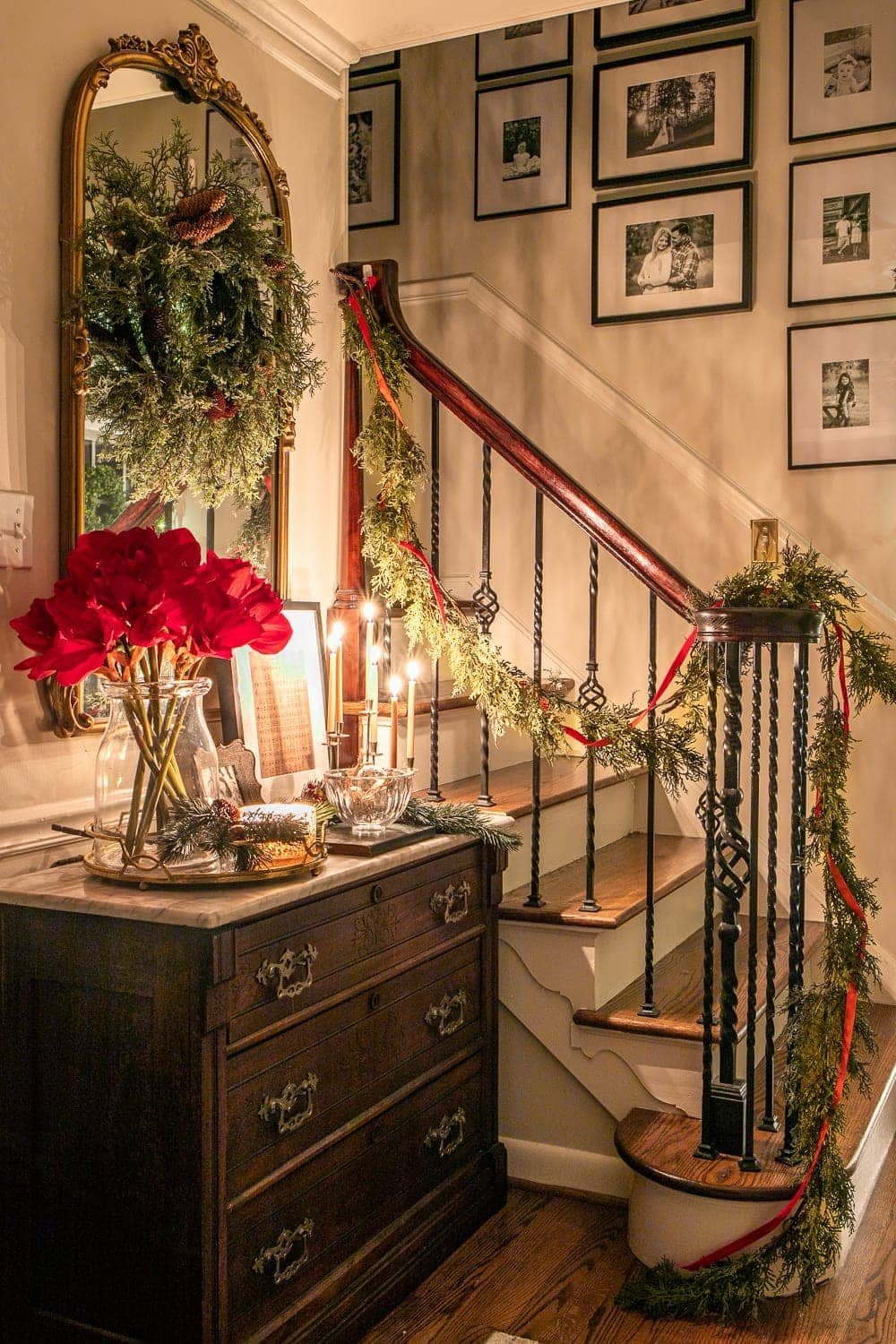 Christmas foyer and staircase at night