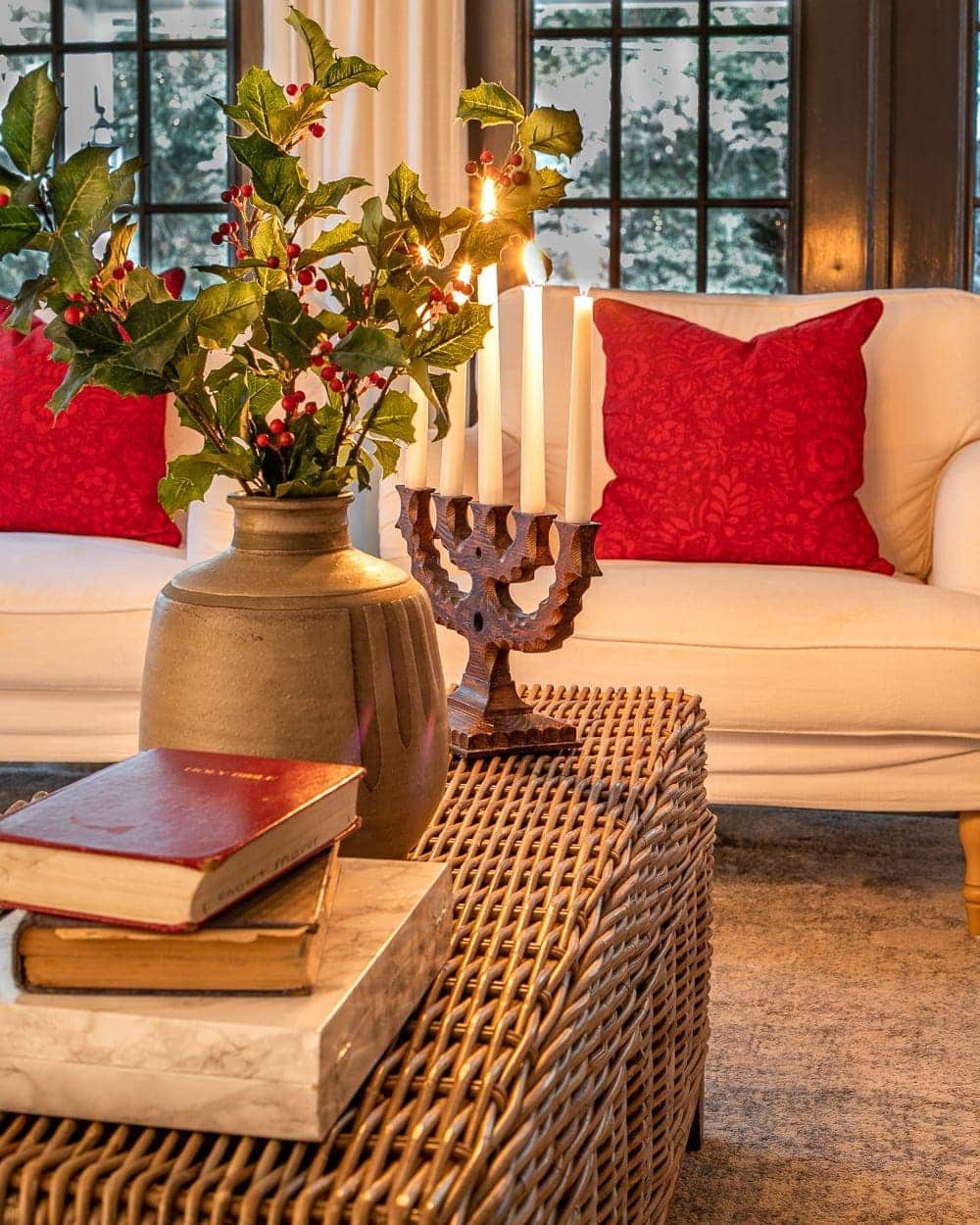 Christmas candlelight coffee table vignette living room